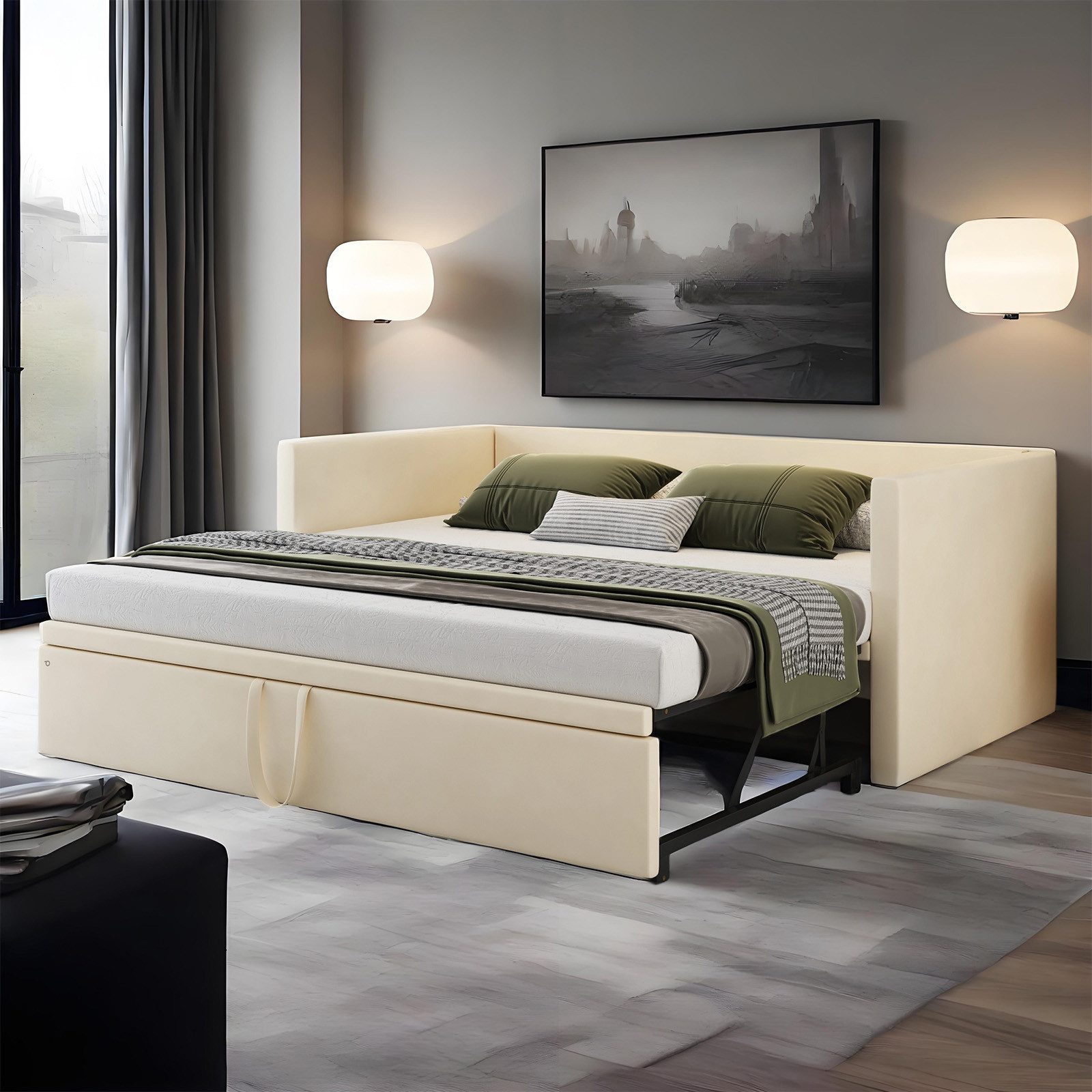 MODFU Bett Polsterbett 90/180x200 cm aus hautfreundlichem Samt (Ausziehbar mit Lattenrost, Multifunktionales Kinderbett Funktionsbett), ohne Matratze