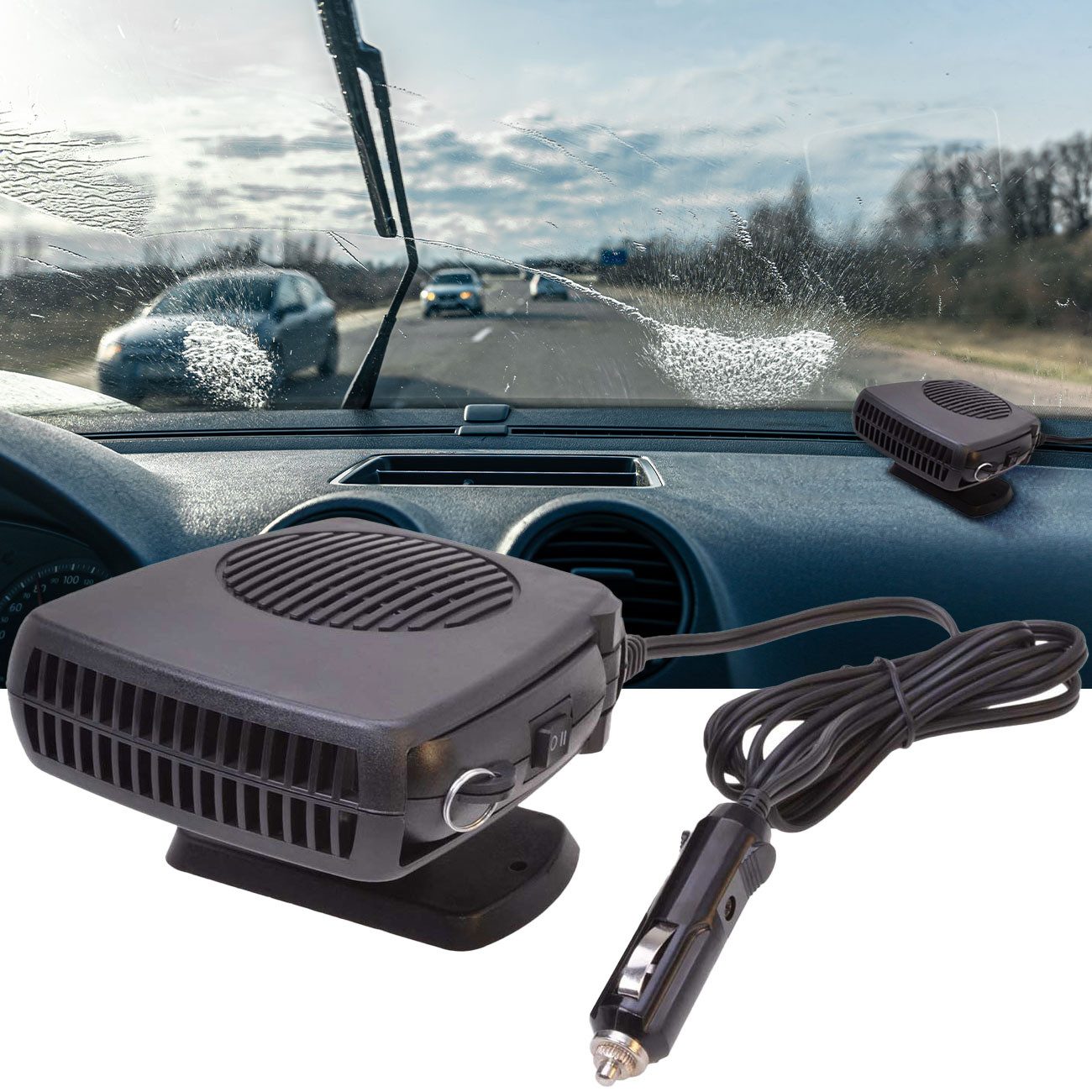 Filmer Heizlüfter Tragbarer Auto-Heizlüfter 12V 150W, Scheiben-Enteiser & Ventilator, mit Haltegriff/2 Modi: Heizen zur Enteisung Kühlen als Ventilator