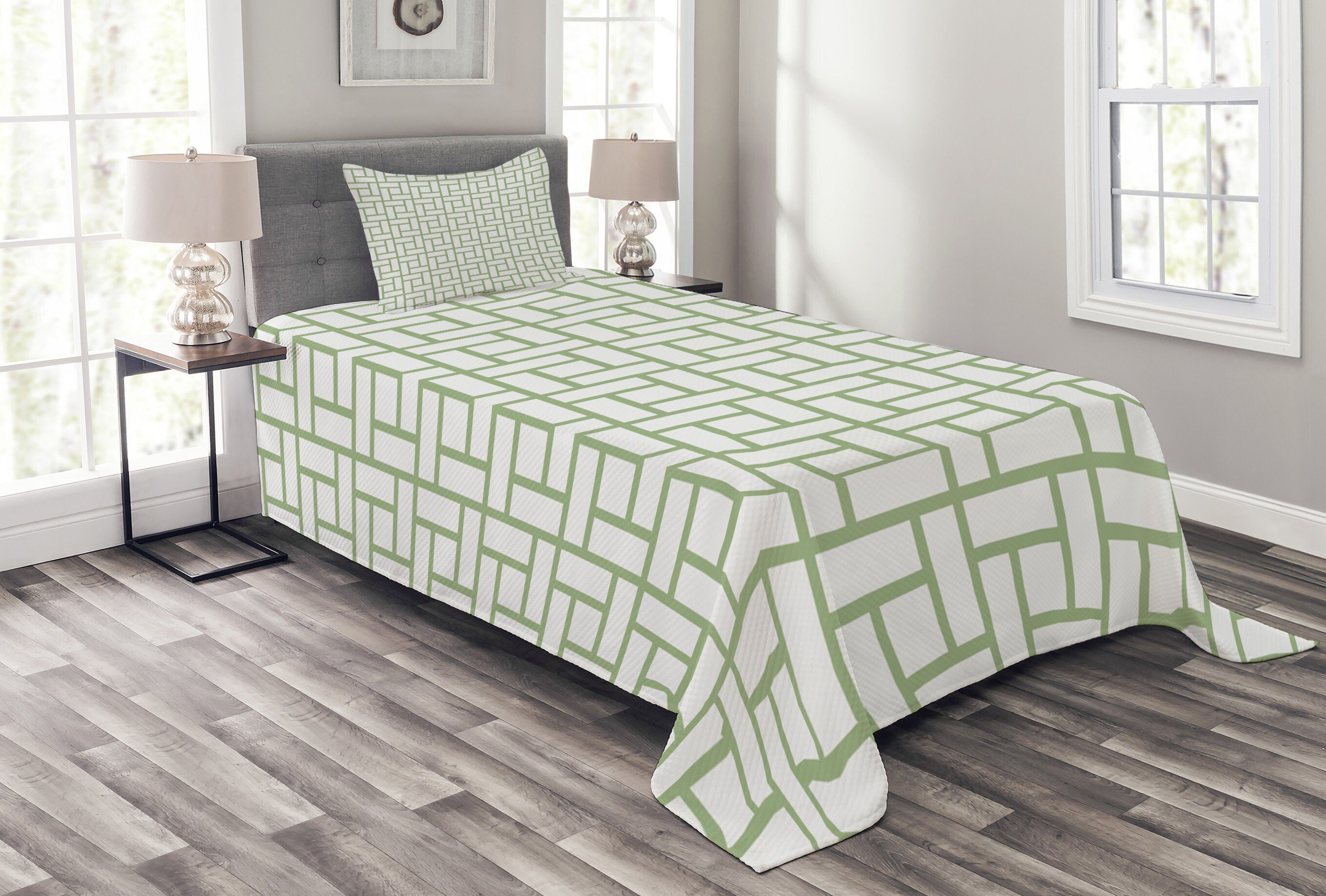 Tagesdecke Set mit Kissenbezügen Waschbar, Abakuhaus, Grün Maze geformte Quadrate Linien