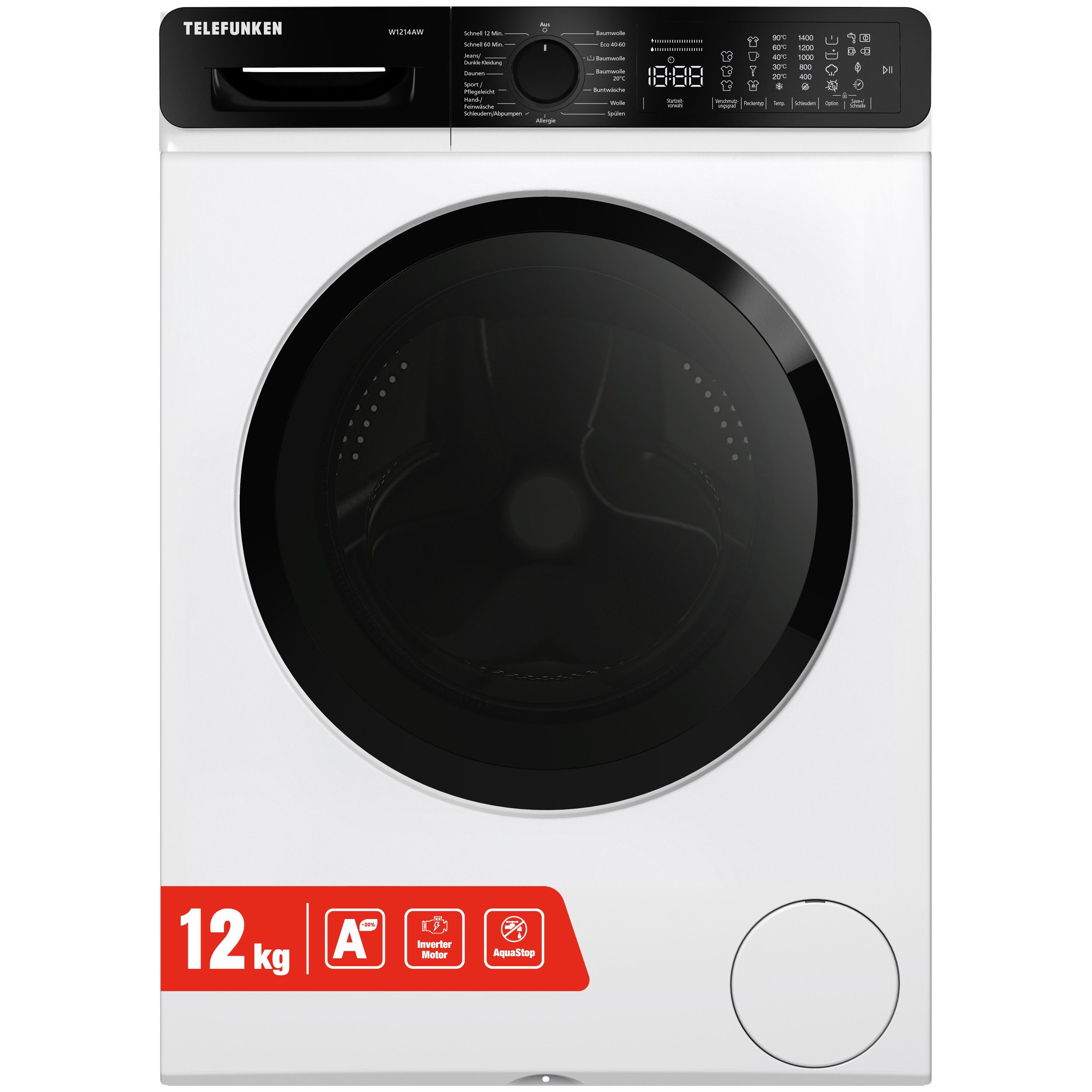 Telefunken Waschmaschine W1214AW, 12 kg, 1400 U/min, Frontlader 12kg, Inverter Motor, AquaStop, Schontrommel, EEK A - 20 %