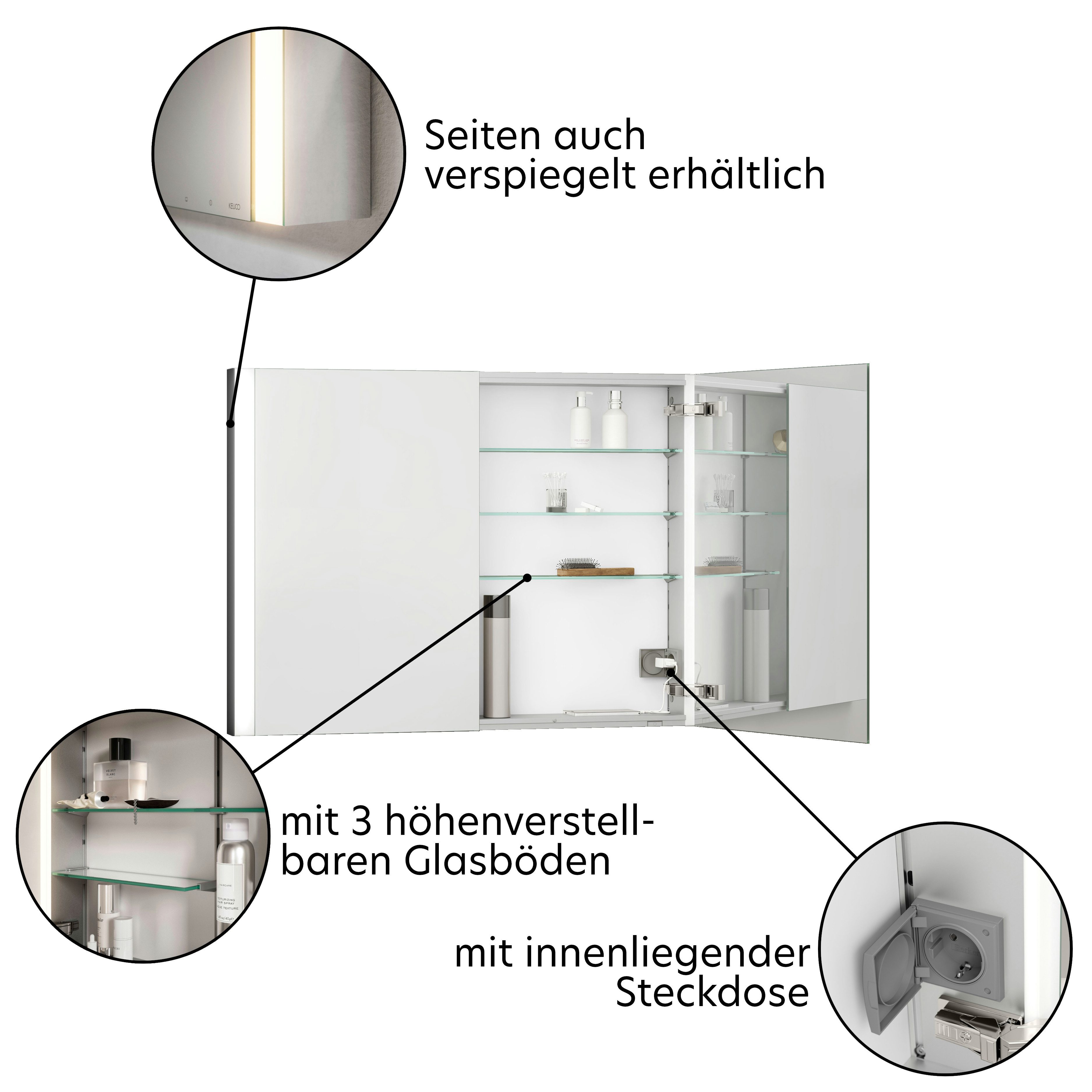 Keuco Badezimmerspiegelschrank Royal Finn mit LED-Beleuchtung 100 cm, Unterputz, mit 2 Türen, aus Aluminium, Seiten verspiegelt
