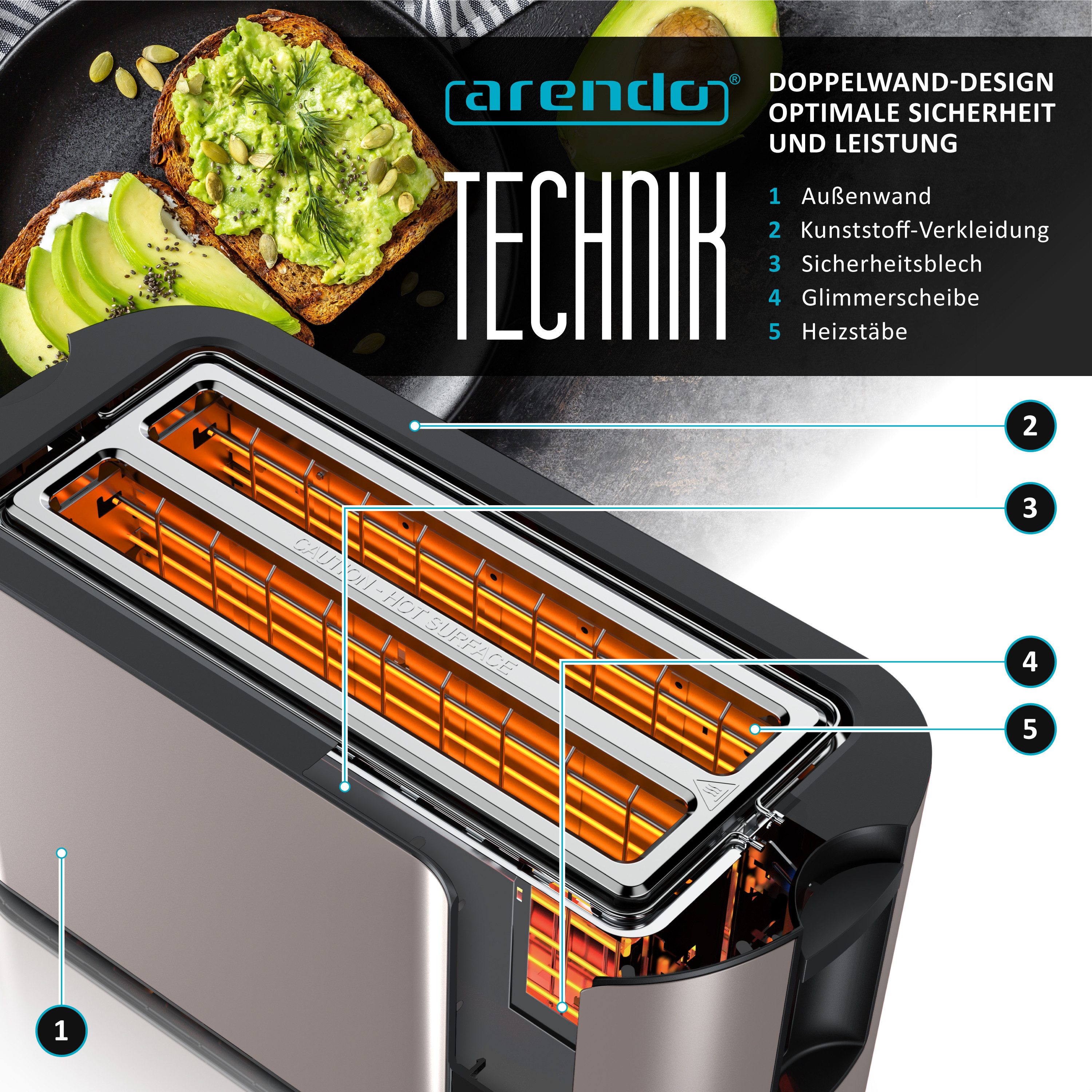 Arendo Toaster Wärmeisoliertes Doppelwandgehäuse, Display mit Restzeitanzeige, 2 lange Schlitze, für 4 Scheiben, 1500 W, Langschlitz, Touchpanel, Brötchenaufsat – Bild 5 von 5