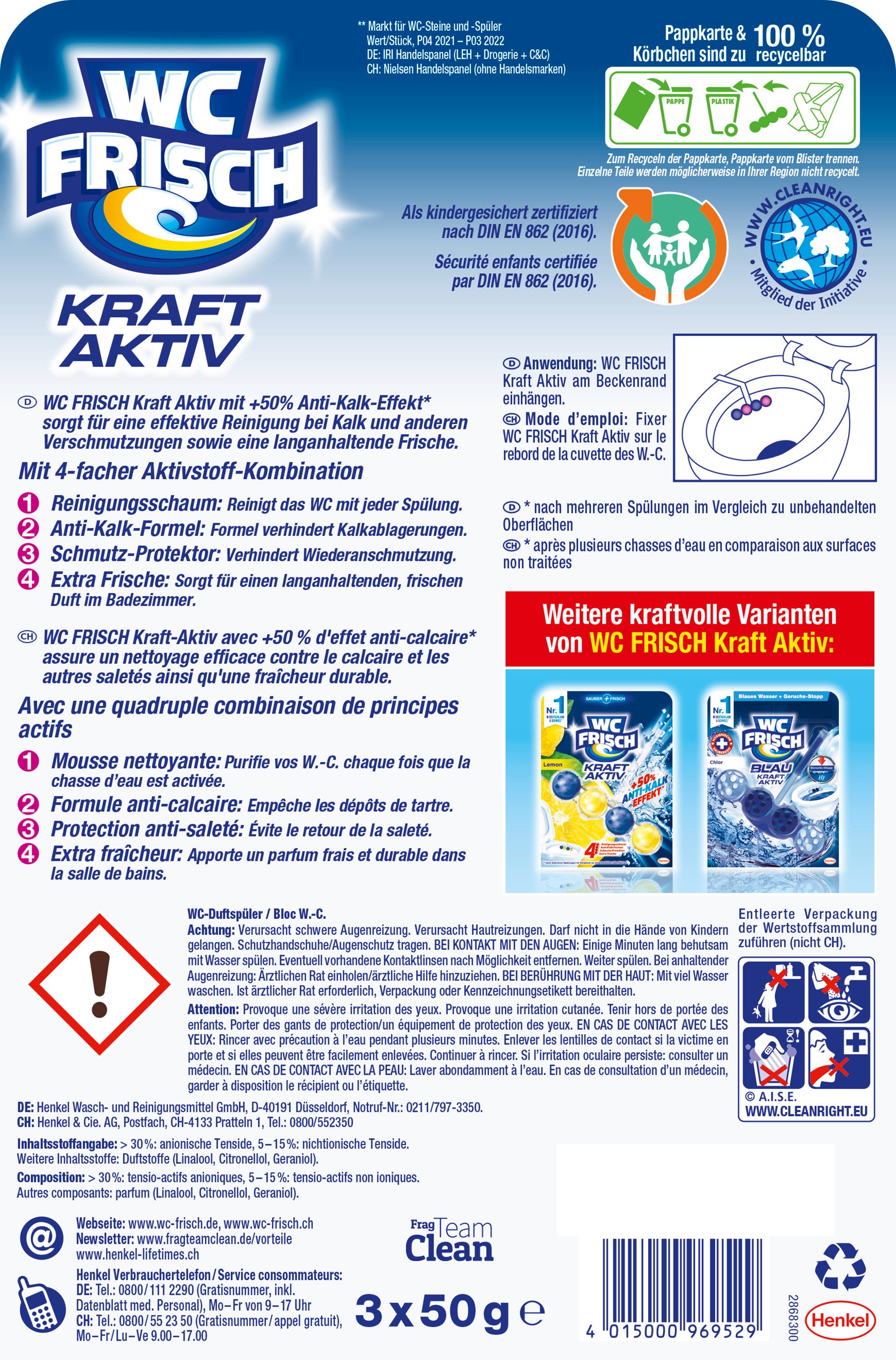 WC Frisch WC FRISCH Duftspüler Blüten-Frische Kraft Aktiv 150g WC-Reiniger (Triopack, [3-St. Duftsteine für langanhaltend frischen Duft + 50 % Anti-Kalk Effekt)