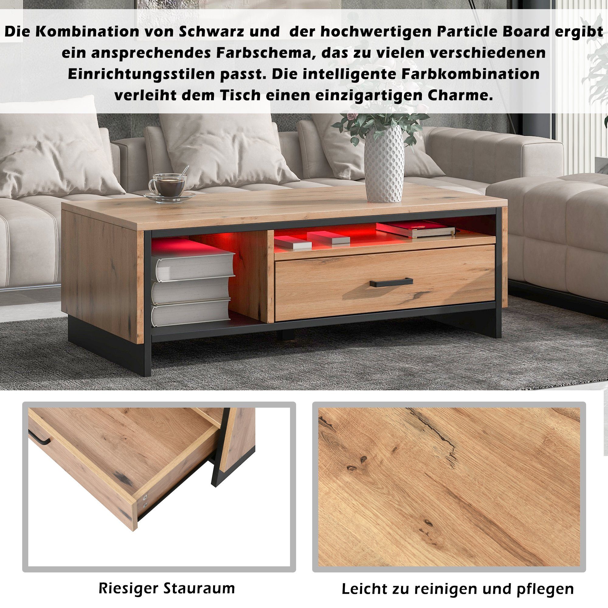 Couchtisch Wohnzimmertisch 107x67cm Steinfarben Glasboden Mit LED Beleuchtung