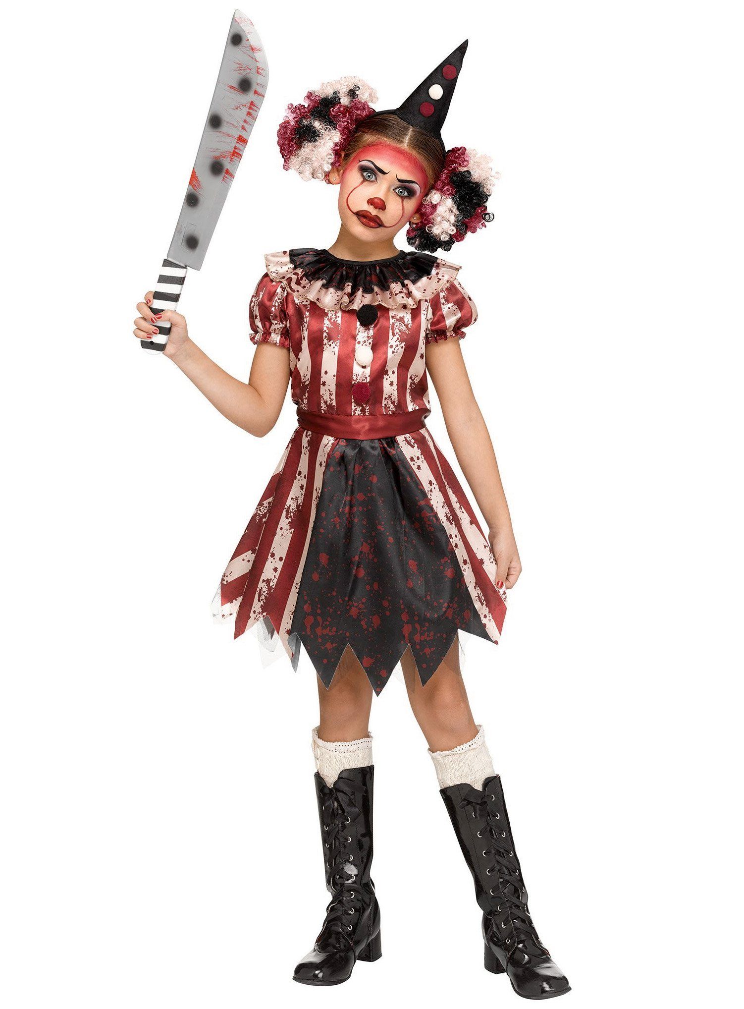 Fun World Clown-Kostüm Harlekina - Horror Halloween Kostüm Kinder Mädchen, Blutbesudeltes Horrorclown Kostüm für Halloween