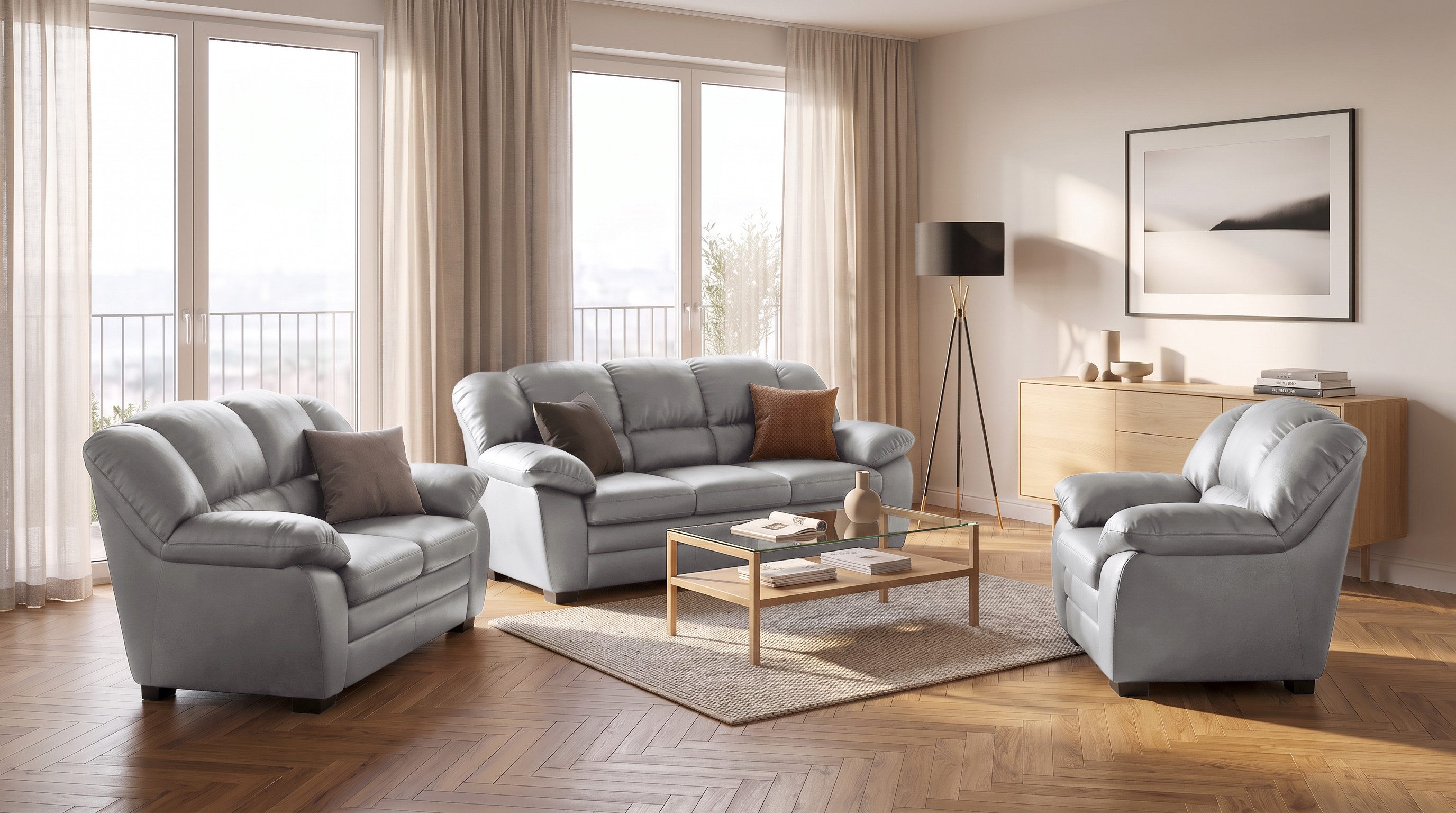 COTTA Polstergarnitur Casino, 3tlg. Set, Sofa Wohnzimmer Garnitur, Wellenunterfederung, (Set, 3-tlg), Sessel, 2-Sitzer, 2,5-Sitzer, hohe Rückenlehne