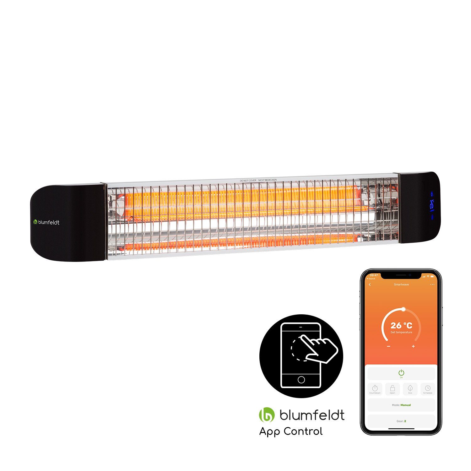 blumfeldt Heizstrahler Smartwave, 2400 W, Infrarot Heizstrahler Terrasse Wand Terrassenheizstrahler IR Strahler