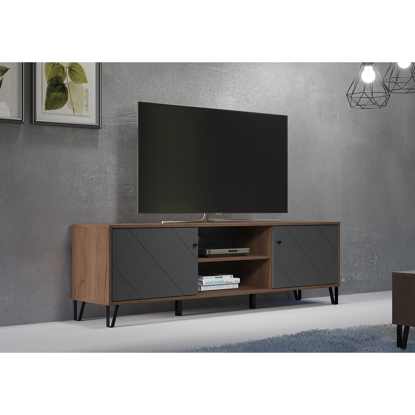 trendteam Lowboard, Fernseheschrank Schrank Sideboard Braun/Graphitfarbig 183x56x40cm