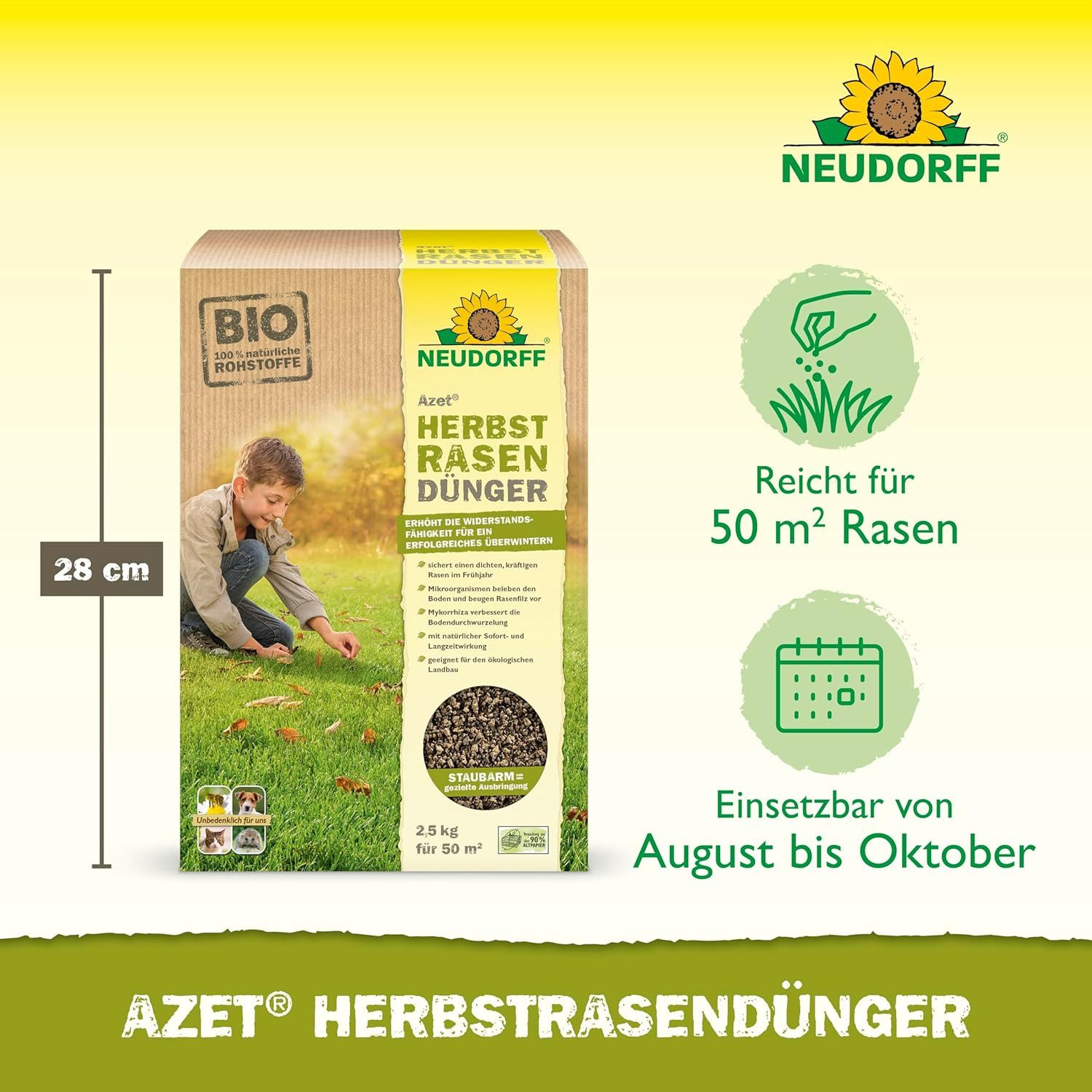 Neudorff Rasendünger Bio Azet HerbstRasenDünger 2,5 kg, sorgt für einen dichten, kräftigen Rasen im Frühjahr, Mikroorganismen beleben den Rasen und beugen Rasenfilz vor