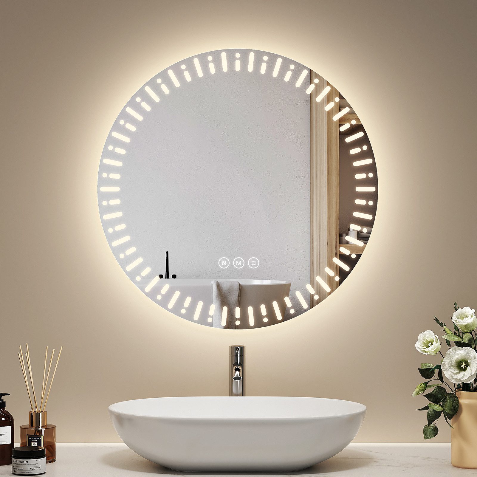 EMKE Badspiegel mit Beleuchtung und Antibeschlage Lichtspiegel LED Dimmbar Wandspiegel (Meisterglanz Serie, φ50~80cm), 3 Lichtfarben, dimmbar, Antibeschlag, Touch, Memory, IP44 Ø 50 cm