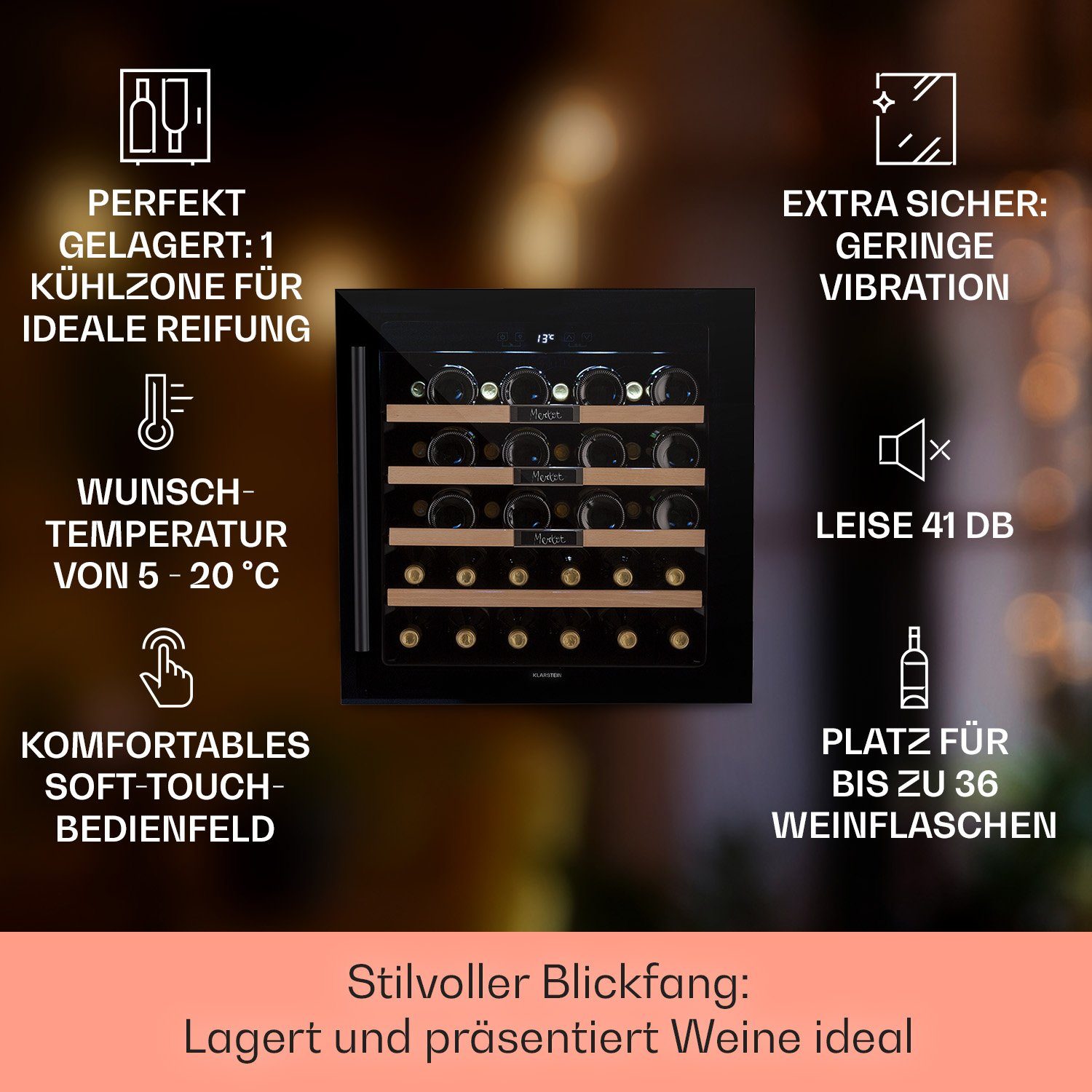 Klarstein Weinkühlschrank Vinsider 36 Built-In Uno Einbau-Weinkühlschrank 36 Flaschen 92L 5-20°C, für 36 Standardflaschen á 0,75l,Flaschenkühlschrank Weintemperierschrank Weinschrank Einbau 36 Fl