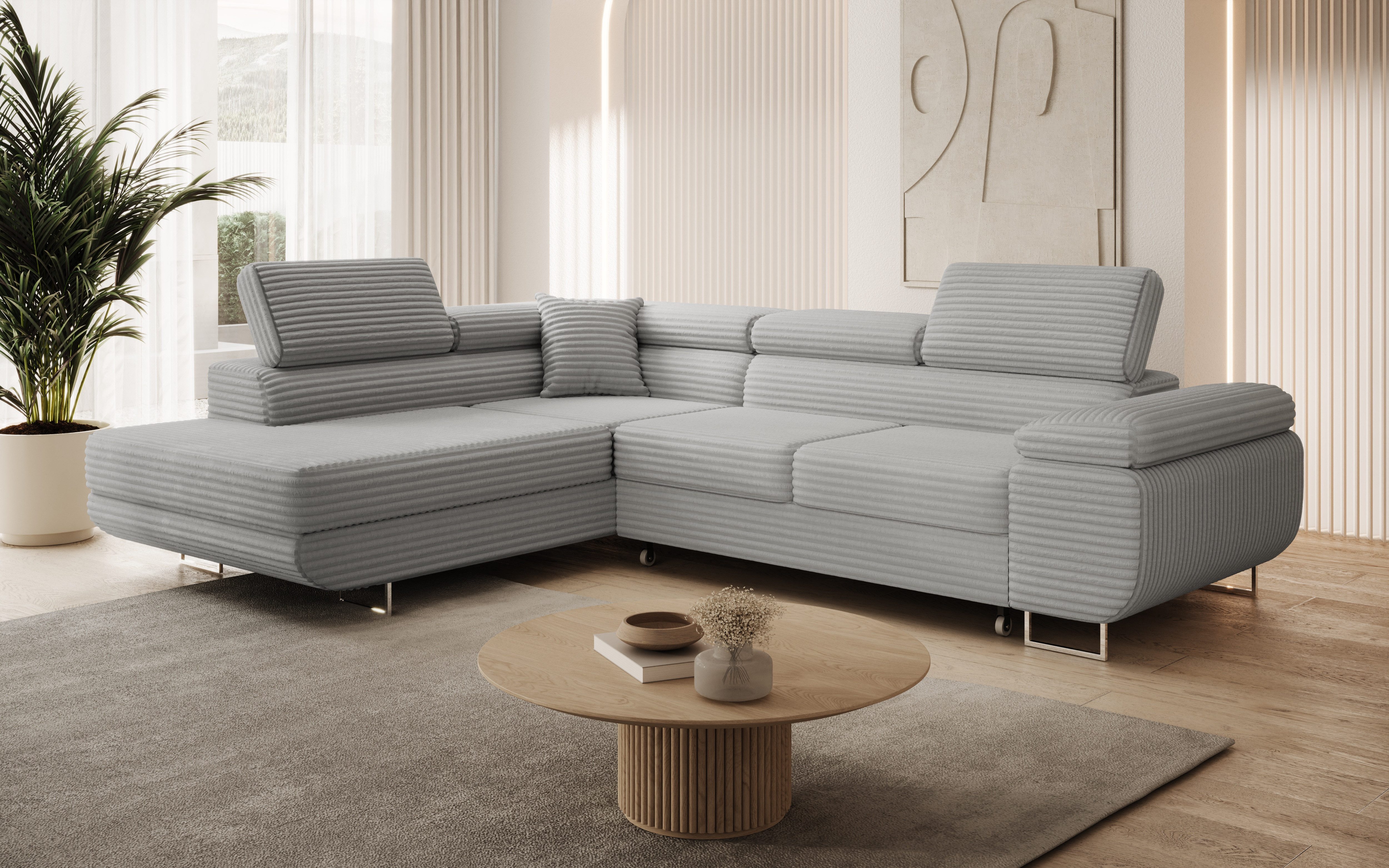 thematys Ecksofa ASTON mit Schlaffunktion & Bettkasten – Cordstoff TILIA, - mit 3 verstellbaren Kopfstützen, – L-Form 273×203 cm – Schlafsofa mit Auszug