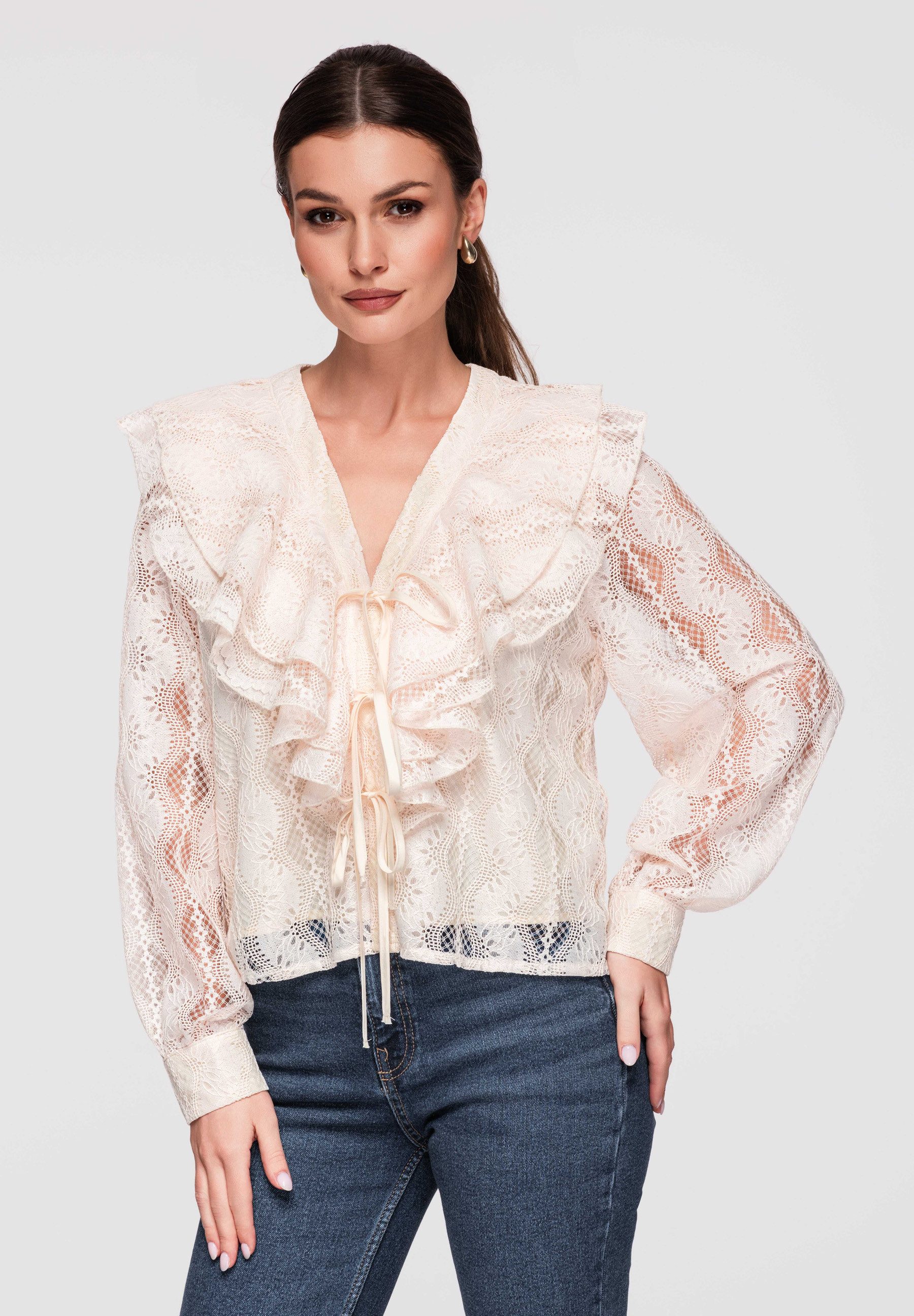 OMBRE Langarmbluse Langarmbluse Damen Spitze Loose Fit Beige L (kein Set, 1-tlg) Ajour-Spitze, dekorative Rüschen