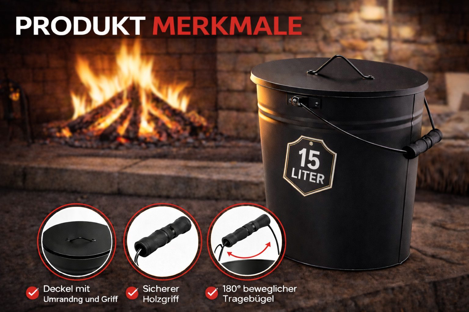 El Fuego Mülleimer El Fuego® Ascheeimer Kamineimer mit Deckel, 15 Liter