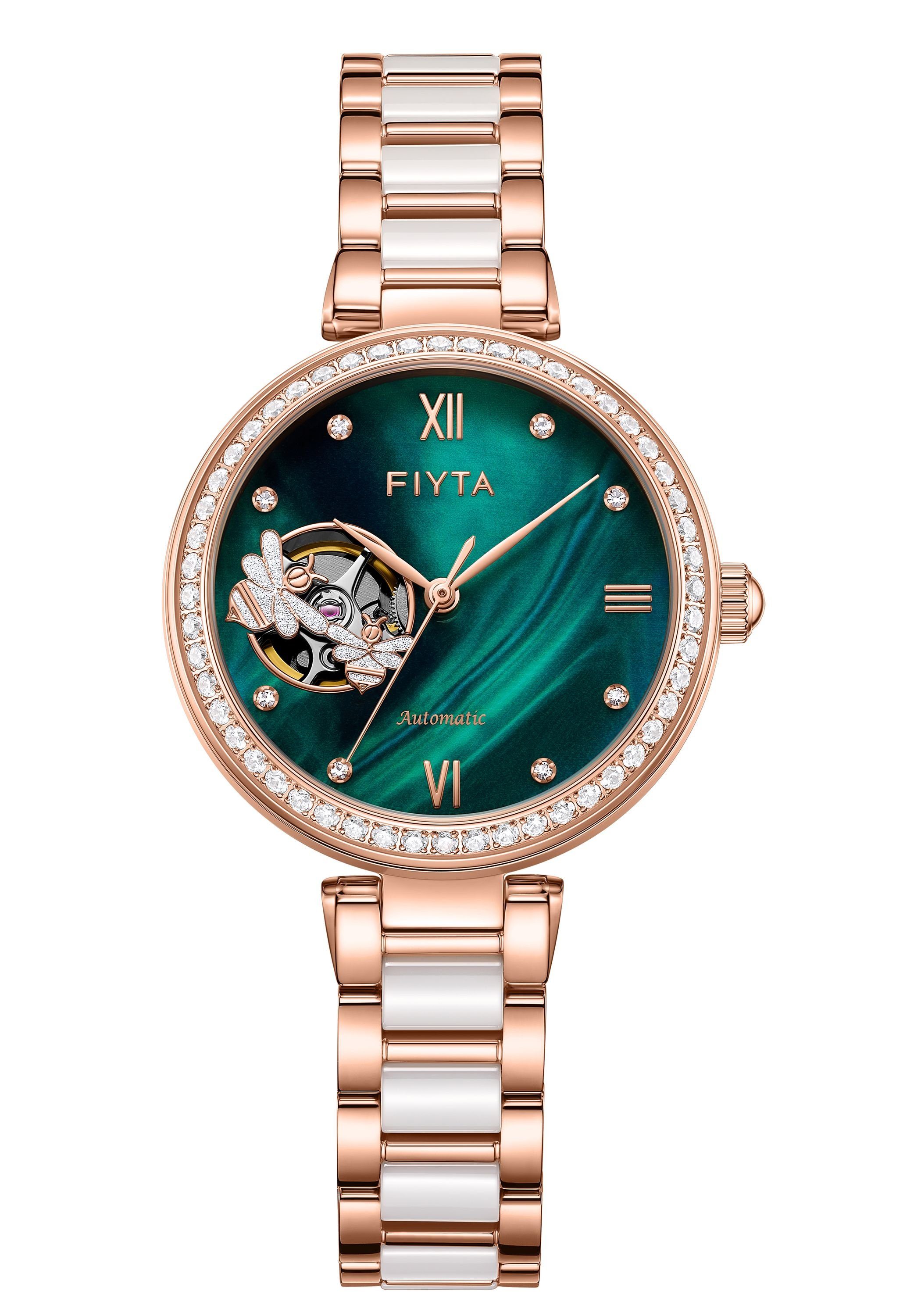 FIYTA Automatikuhr LA865009.PNSD Grün / roségold mit Open Heart und Metallarmband, Fancy