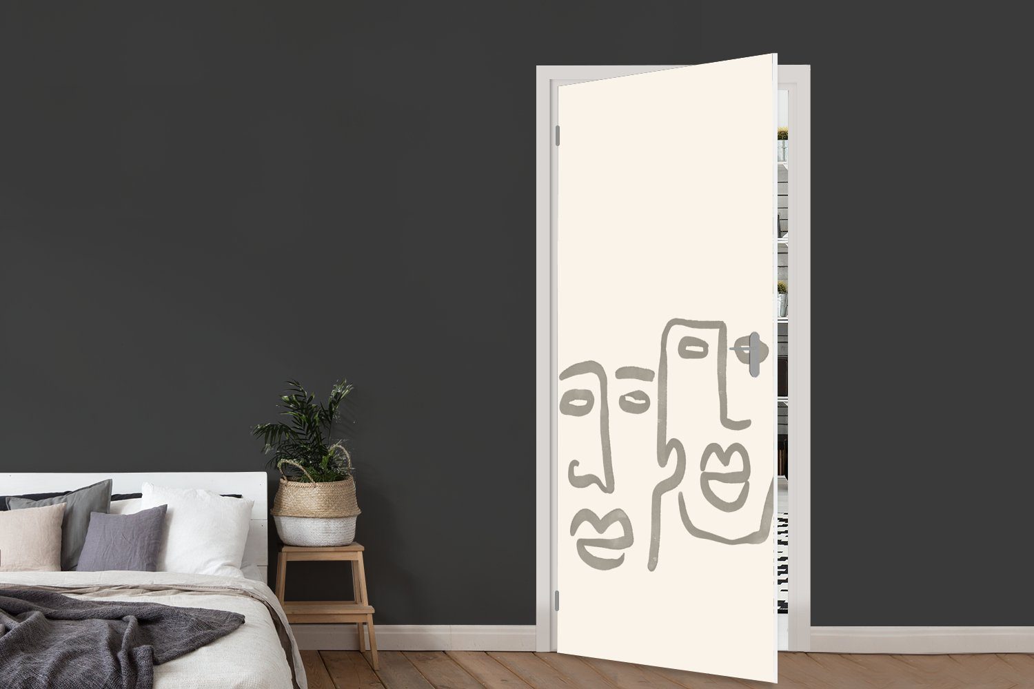 Abstrakt Tür, Türtapete Strichzeichnung, - cm Türaufkleber, MuchoWow Matt, für - Gesicht bedruckt, Fototapete (1 St), 75x205