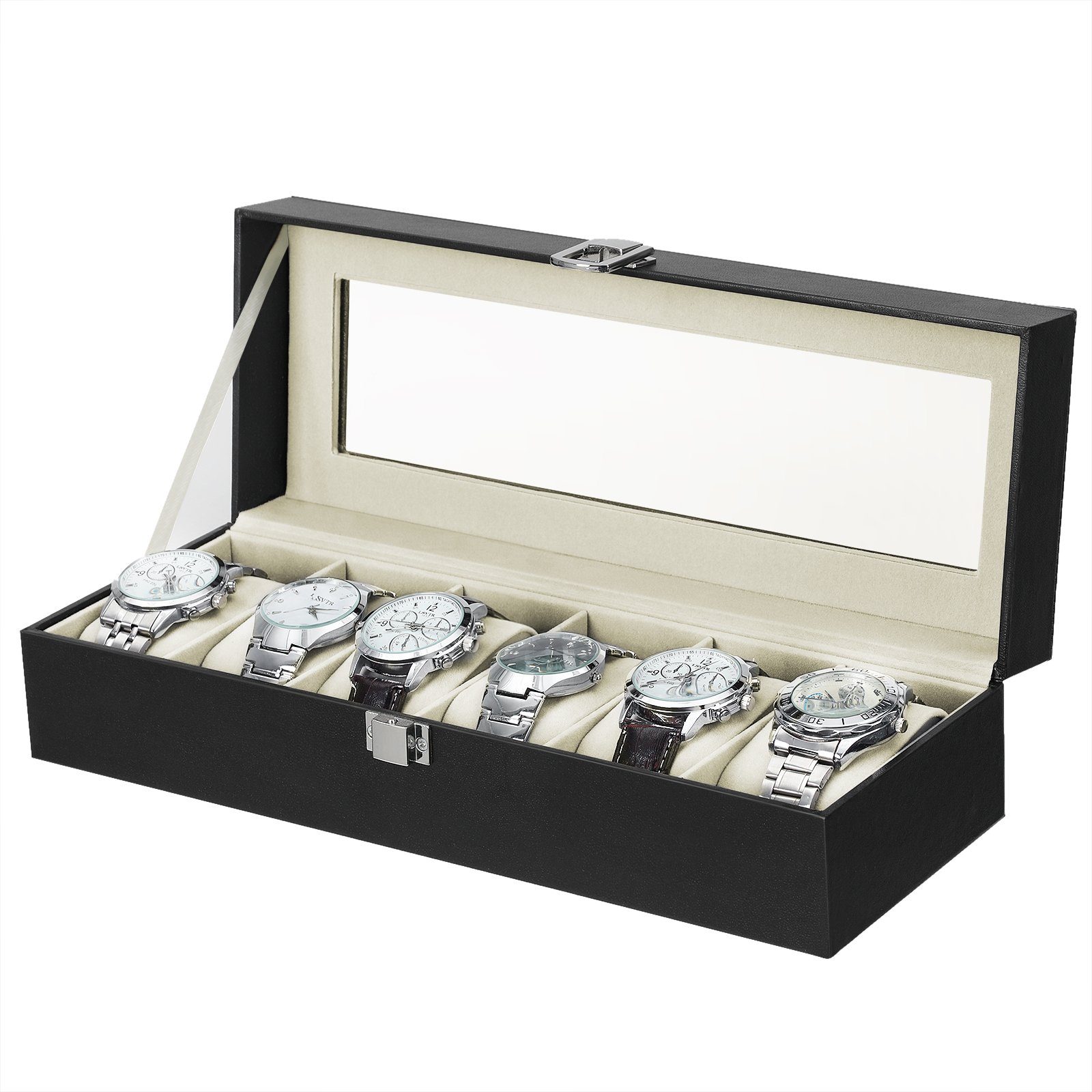 SONGMICS Uhrenbox mit 6 Fächern, Schatulle, abnehmbare Polster, 30 x 11,2 x 8 cm, Glasdeckel, Schloss, schwarze Beschichtung, Futter in grünlichem Beige