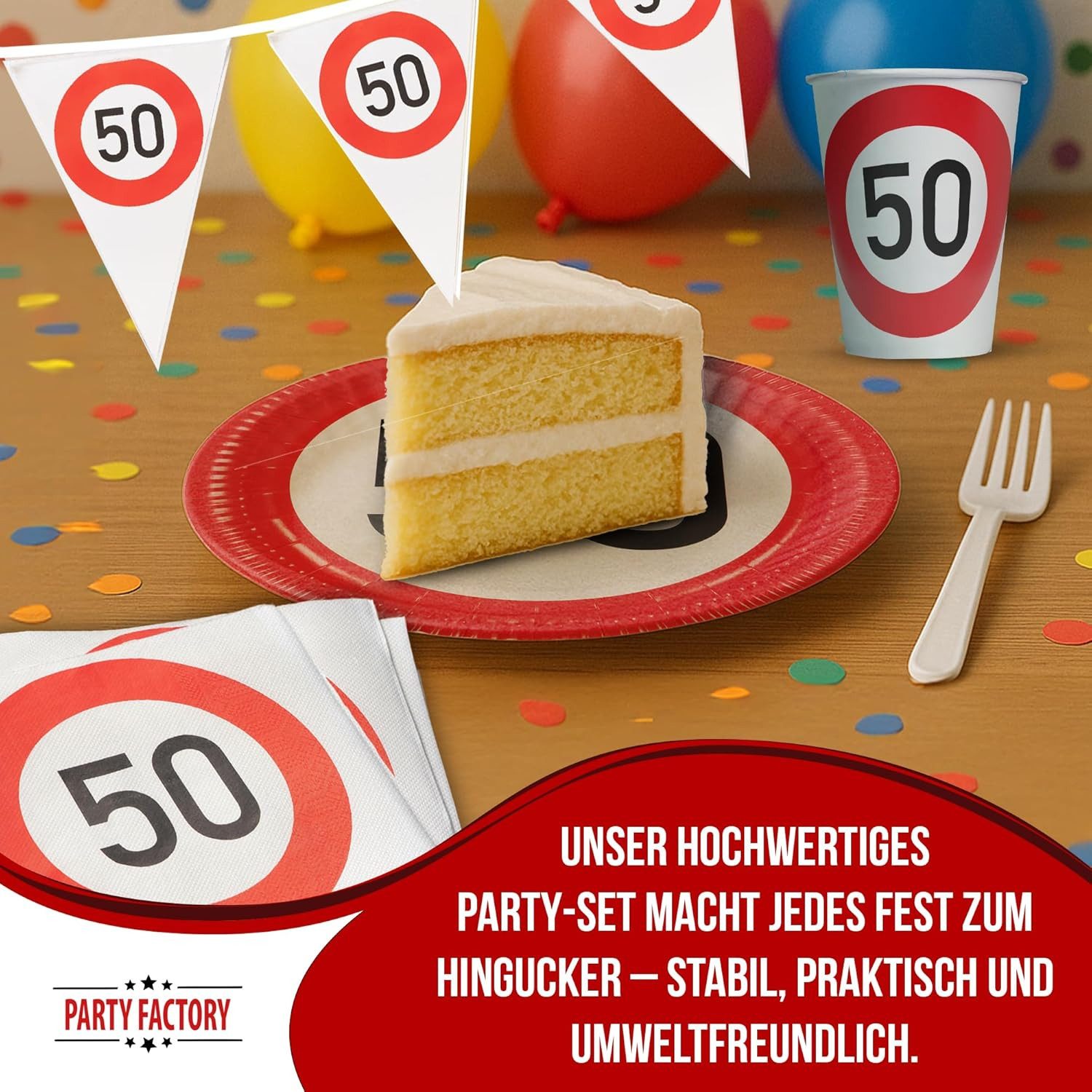 Party Factory Geschirr-Set Happy Birthday 50 – 4-tlg Set mit Geschirr, Servietten und Wimpelkette, 8 Personen, im Verkehrsschilder Design