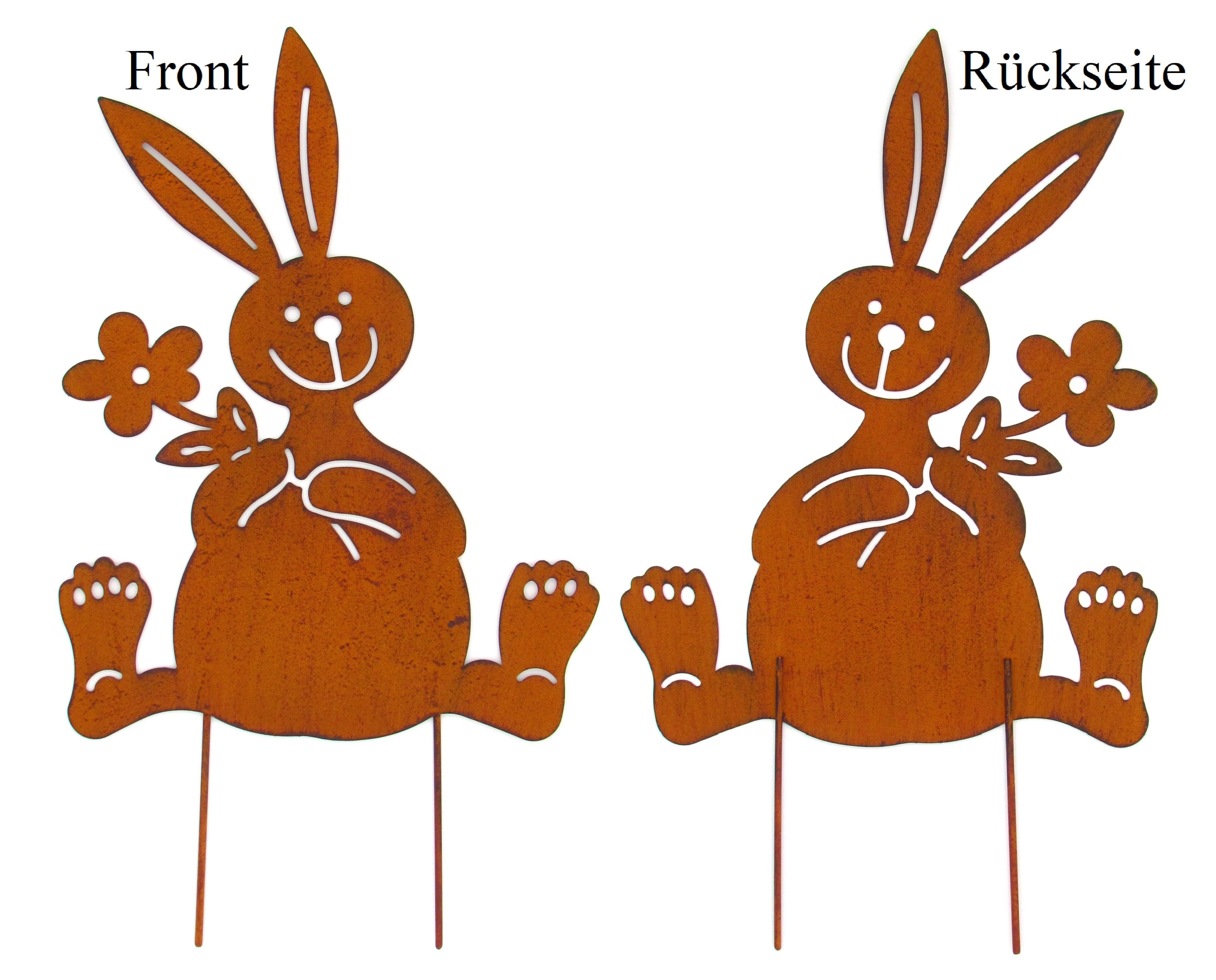 Haushalt International Osterhase 2er Set Outdoor Osterdeko, 26cm x 50cm Wetterfeste Stahl-Aufsteller Edelrost-Patina