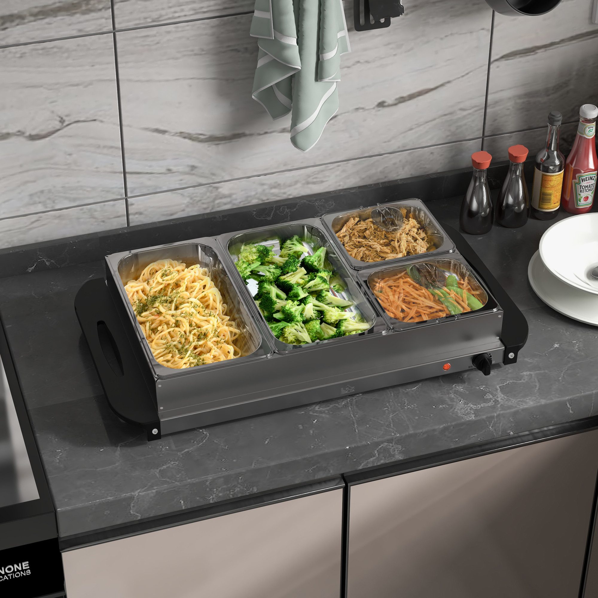 HOMCOM Підігрівачі-Zwischenmodul Buffetwärmer, 300 Watt, Edelstahl, mit Einstellbarer Thermostat, 6,8 L Chafing Dish für Partys Buffets Familienessen