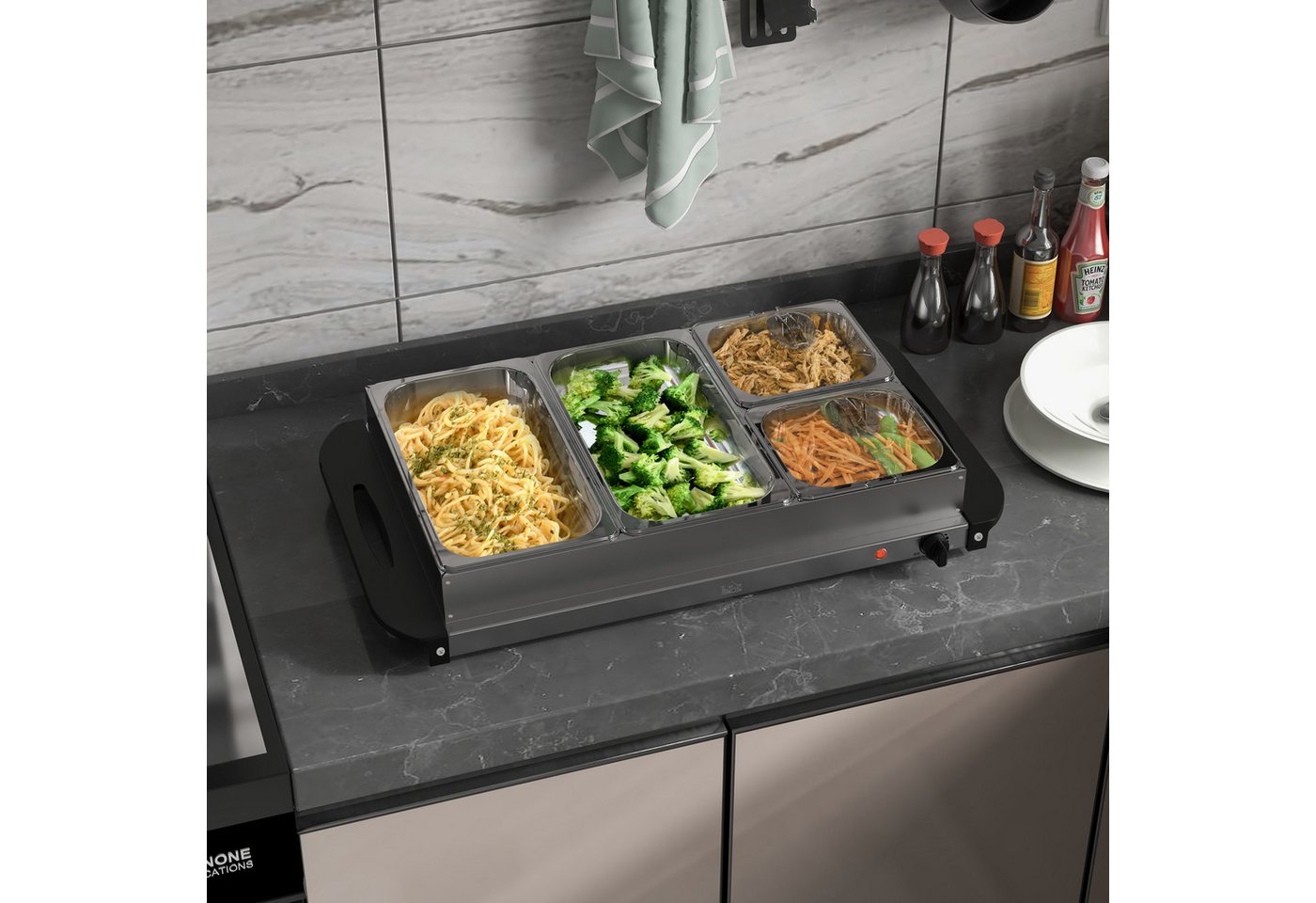 HOMCOM Warmhalteplatten-Zwischenmodul Buffetwärmer, 300 Watt, Edelstahl, mit Einstellbarer Thermostat, 6,8 L Chafing Dish für Partys Buffets Familienessen