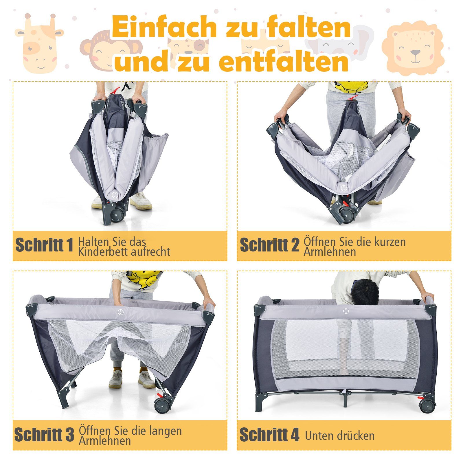 COSTWAY Baby-Reisebett 4 in 1 Kinderbett, klappbar, mit Matratze & 2 Rollen – Bild 4 von 4