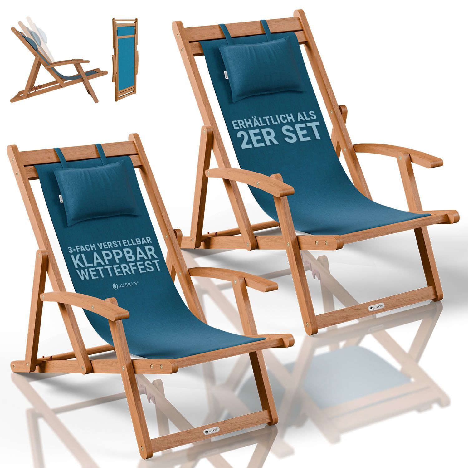 Juskys Gartenliege Tavira, 2er Set, 2 St., Verstellbare Lehne, Klappbar, Abnehmbares Kopfkissen