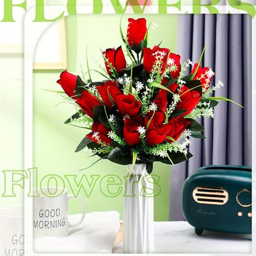 Kunstpflanze 24 Köpfe Kunstblumen Grabschmuck Künstlich Rosen Blumenstrauß, HIBNOPN