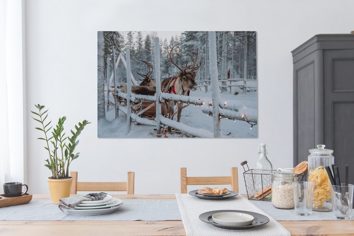 Leinwandbild großes, (1 Gemälde, Wandbild in Finnland, für Weihnachtsmanns im Dorf des OneMillionCanvasses® XXL, St), Rentier alle Wohnbereiche, 120x80 Ein cm