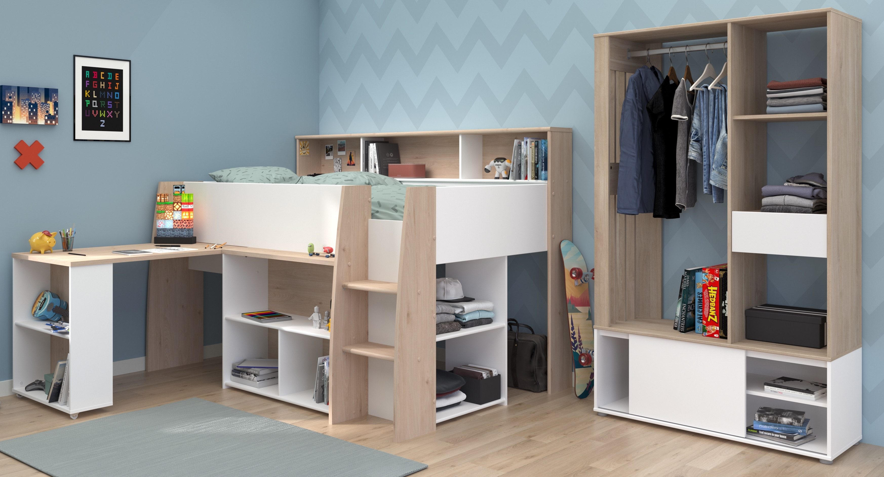 Parisot Hochbett Lucas in Japanische Eiche und Weiß (Komplett Set, 2-St., in verschiedenen Varianten wählbar) integrierter Schreibtisch und Leiter