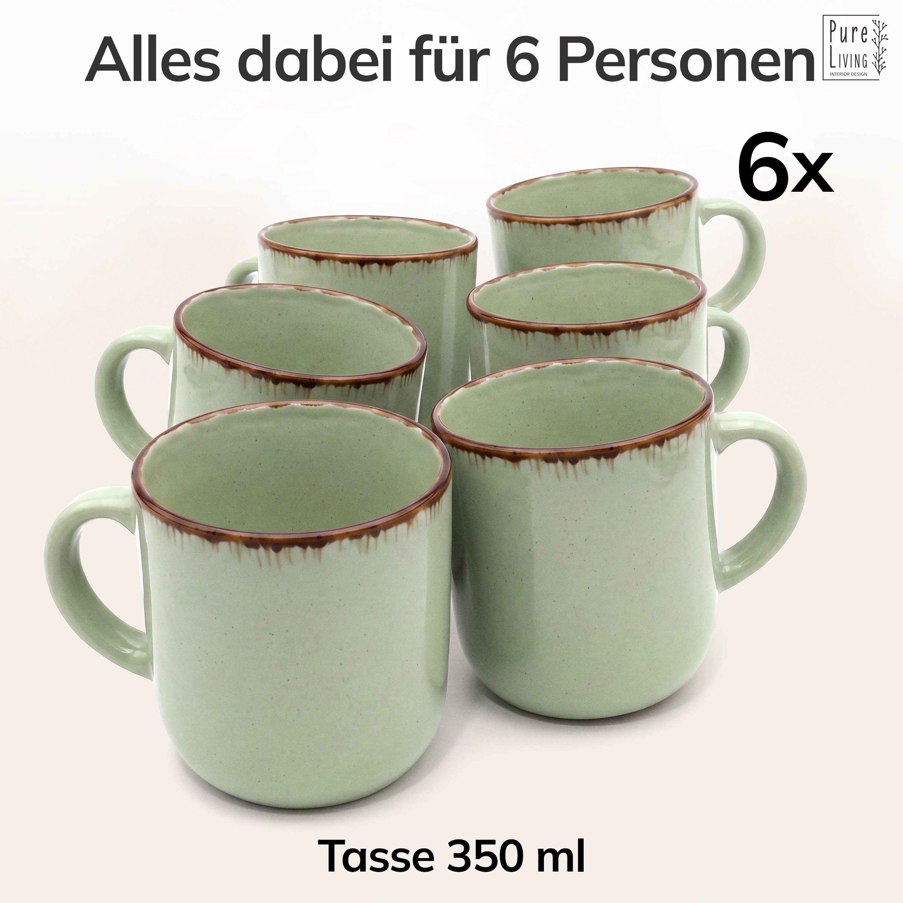 PURE LIVING INTERIOR DESIGN Geschirr-Set Tassen 6er 350ml Rustic, Steingut, Mintgrün (6-tlg), 6 Personen, Steingut – Bild 5 von 5
