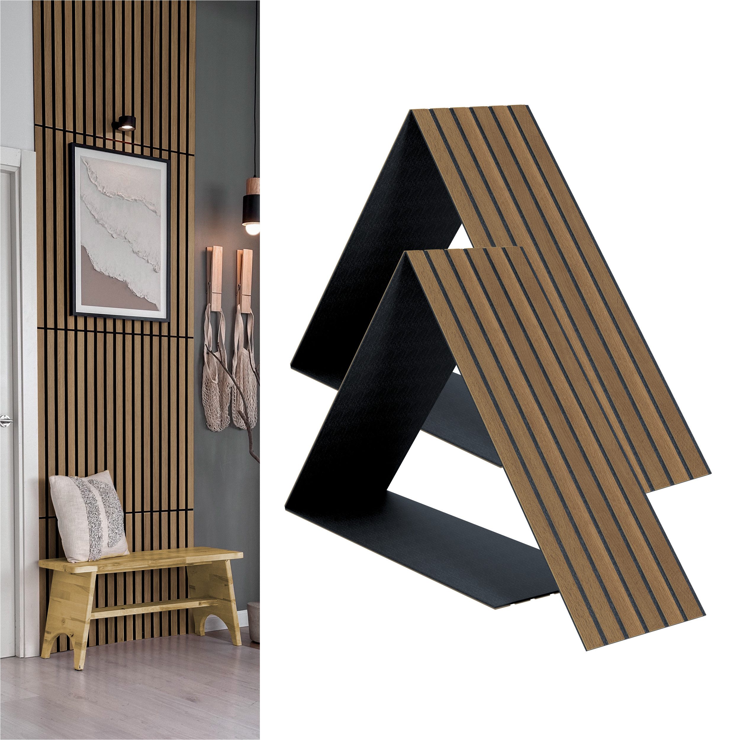 acous 3D Wandpaneel Akustikpaneel Compact FSC® Premium Echtholzfurier, BxL: 30,50x244,00 cm, 0,74 qm, (Packung, 2 Панели, 1,488 m) 36 Echtholz-Furnierleisten mit schwarzem 3mm Filz-Akustikträger