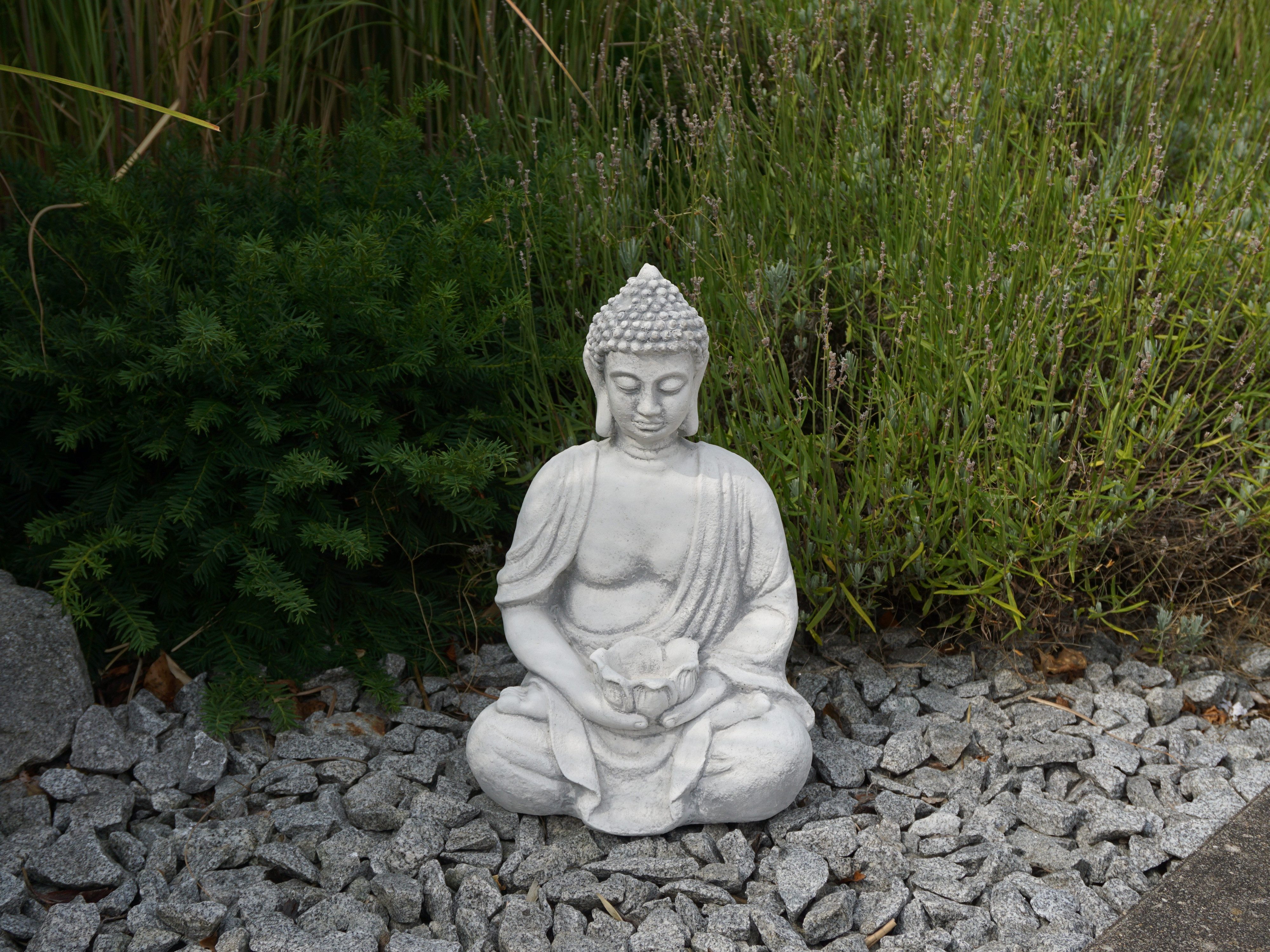 gartendekoparadies.de Gartenfigur Buddha mit Schale, Steinfigur, H. 38 cm, 11 kg, Frostsicher