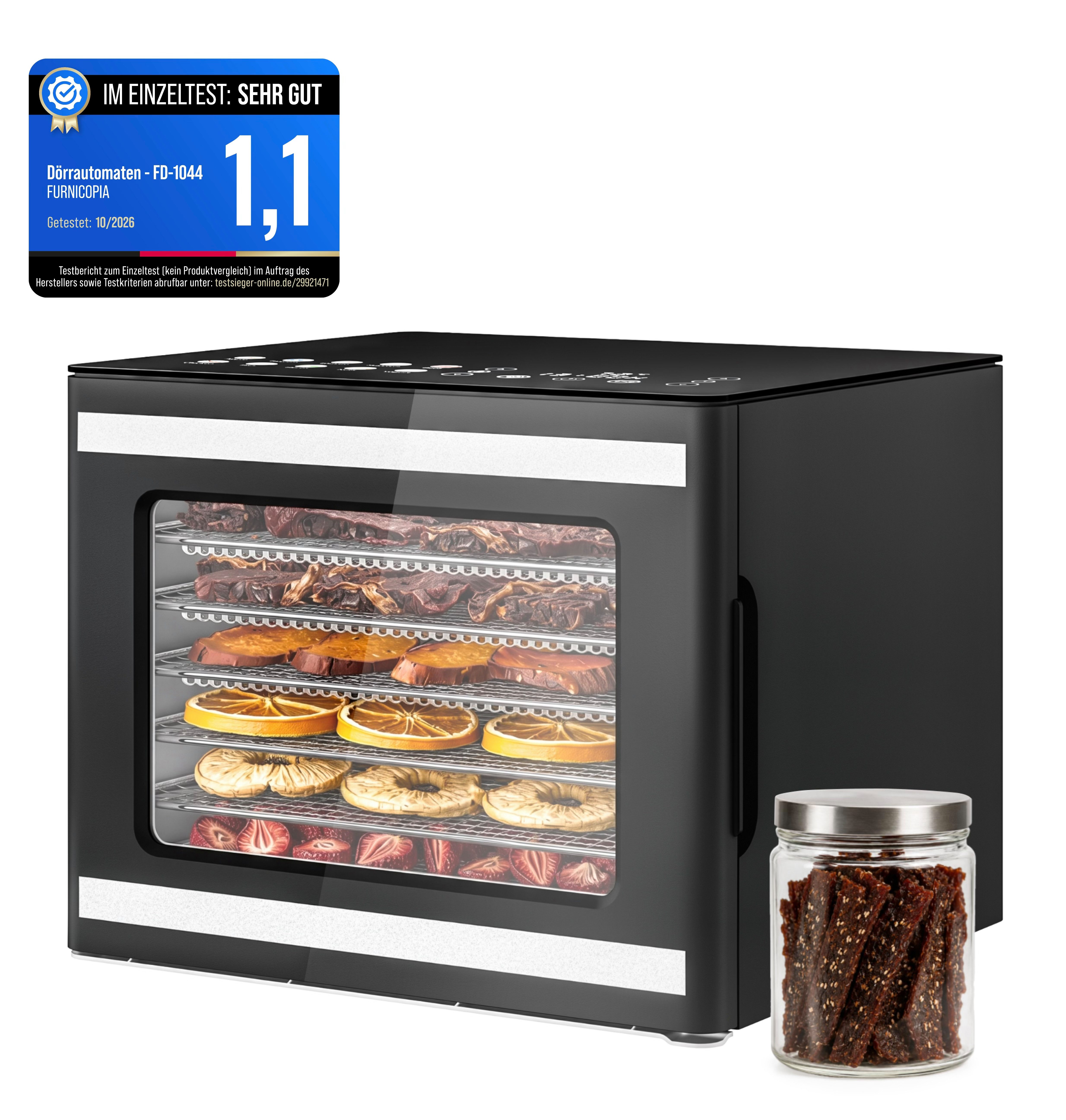 Furnicopia Dörrautomat Edelstahl Lebensmitteltrockner – 10 Tabletts, 48h, 850W 550 W, 6 Etagen, 360°-Umluft, 24-h-Warmhalten, für Obst, …