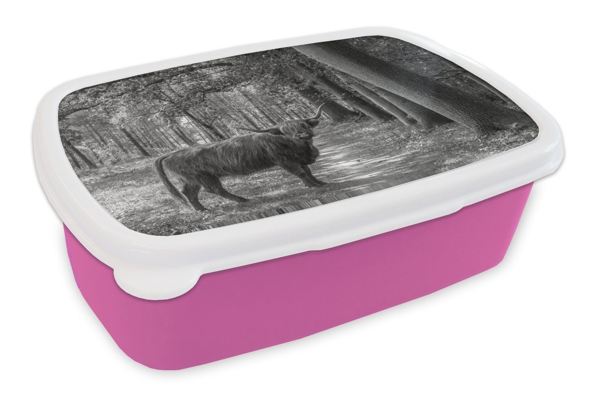 MuchoWow Lunchbox Schottischer Highlander auf dem Weg - schwarz und weiß, Kunststoff, (2-tlg), Brotbox für Erwachsene, Brotdose Kinder, Snackbox, Mädchen, Kunststoff rosa