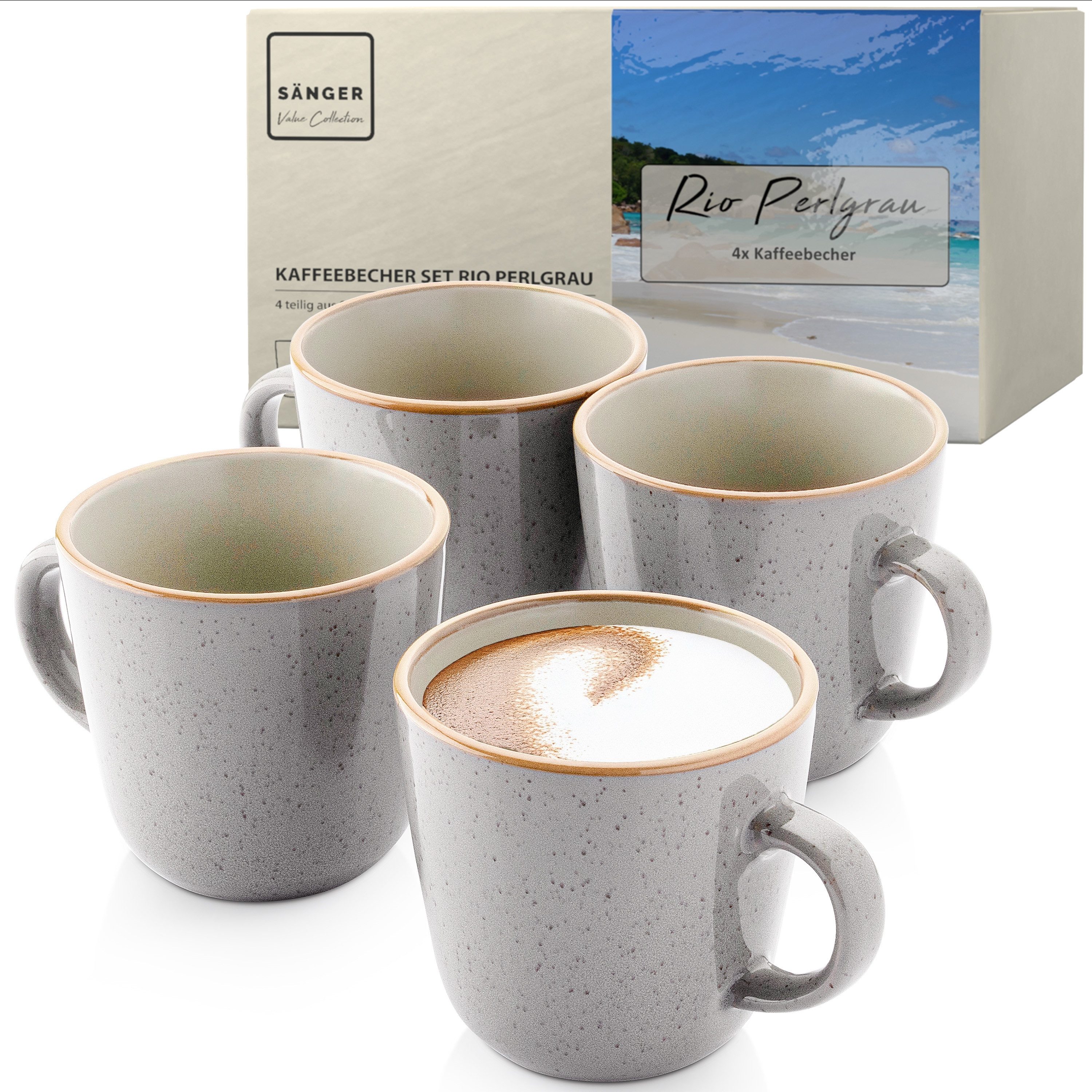 SÄNGER Becher Set Rio, 4-tlg., Steingut, 4 tlg. Rio Perlgrau Kaffeebecher, Grau, Handmade, VALUE COLLECTION