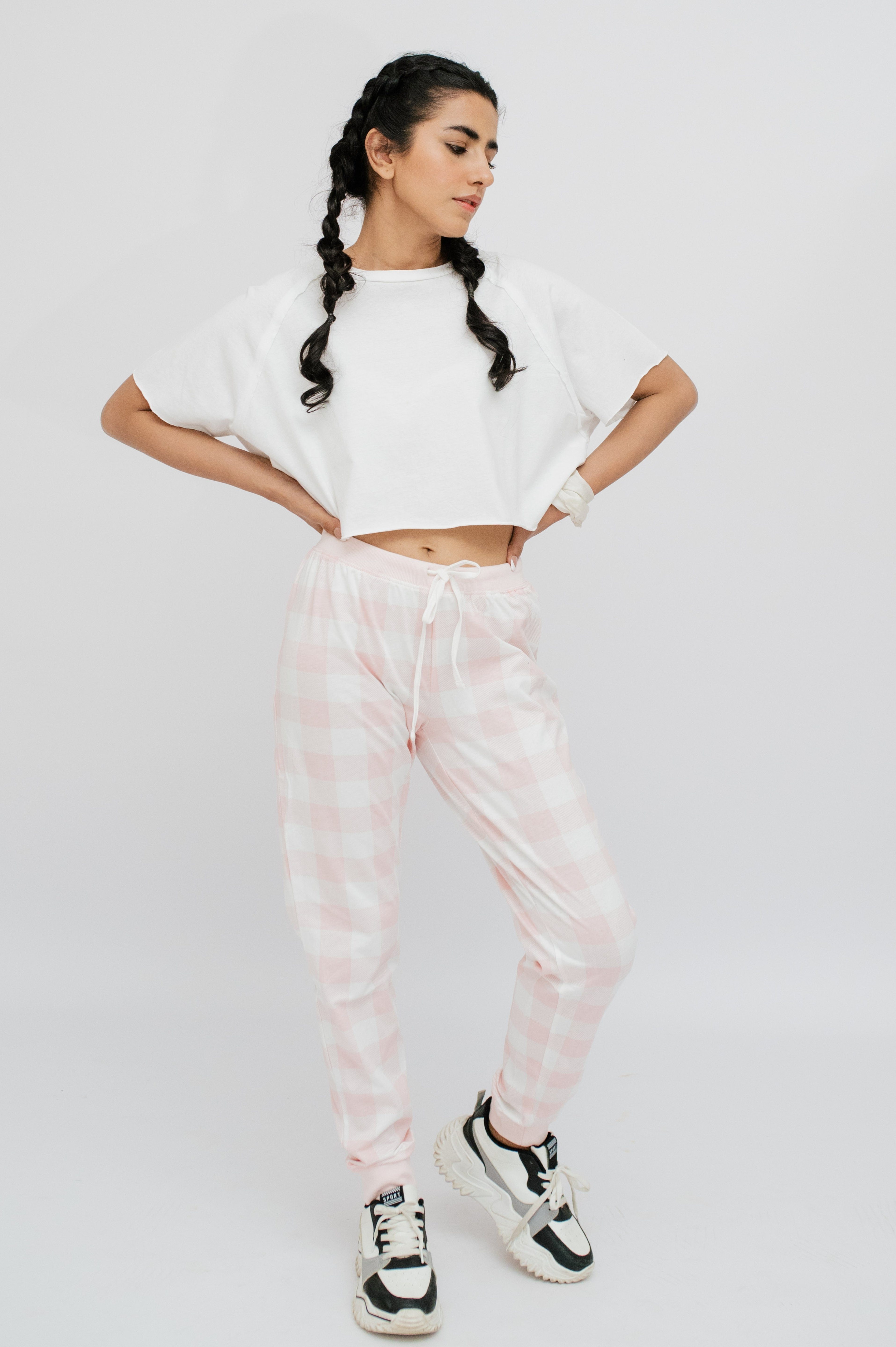 SNOOZE OFF Pyjamahose Schlafanzughose in rosa-weiß kariert mit Elastikbund  und Kordel