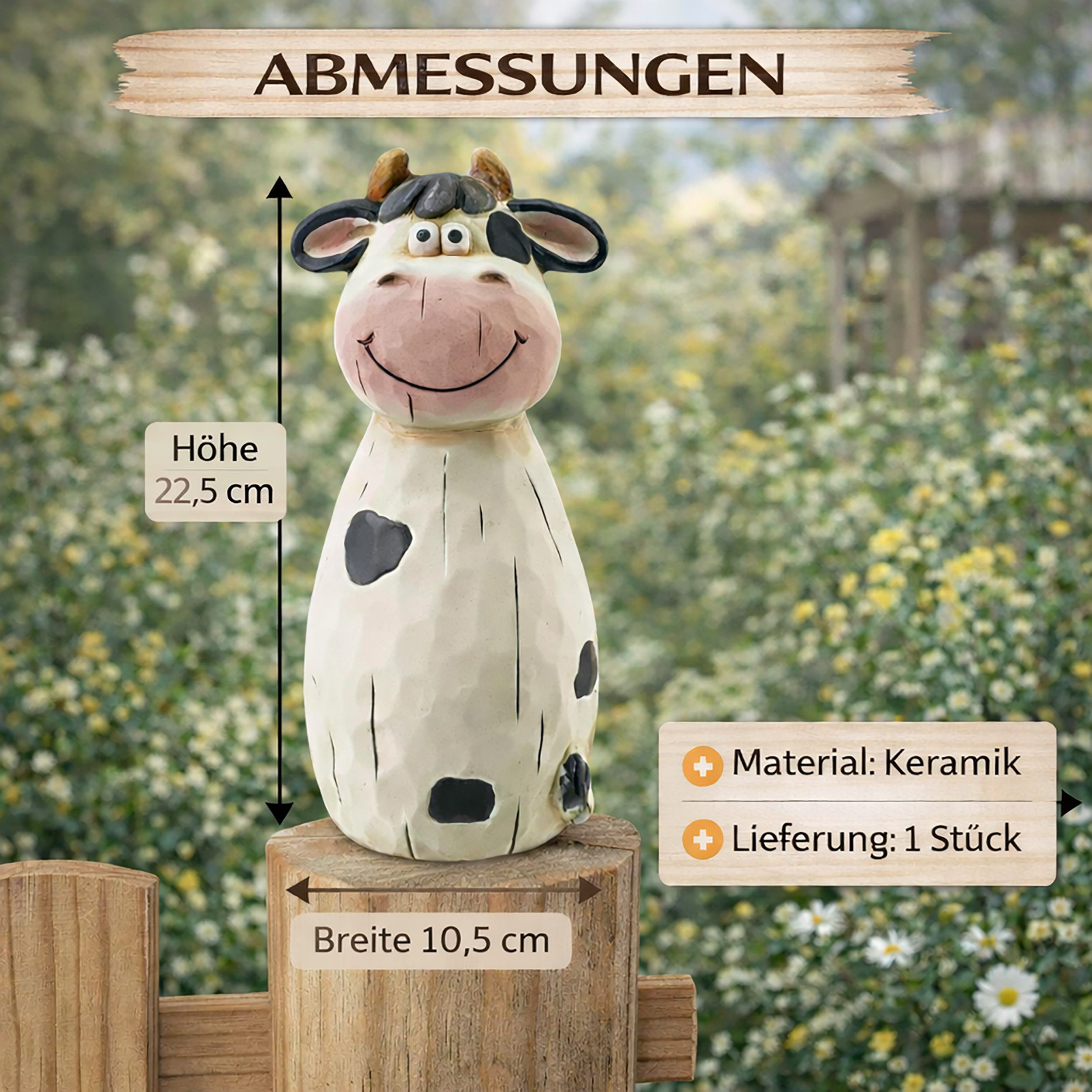 Annastore Dekofigur Zaunfigur Kuh aus Terracotta - Zaunhocker - Tierfigur für Zaun, Garten Deko, Outdoor Dekoration