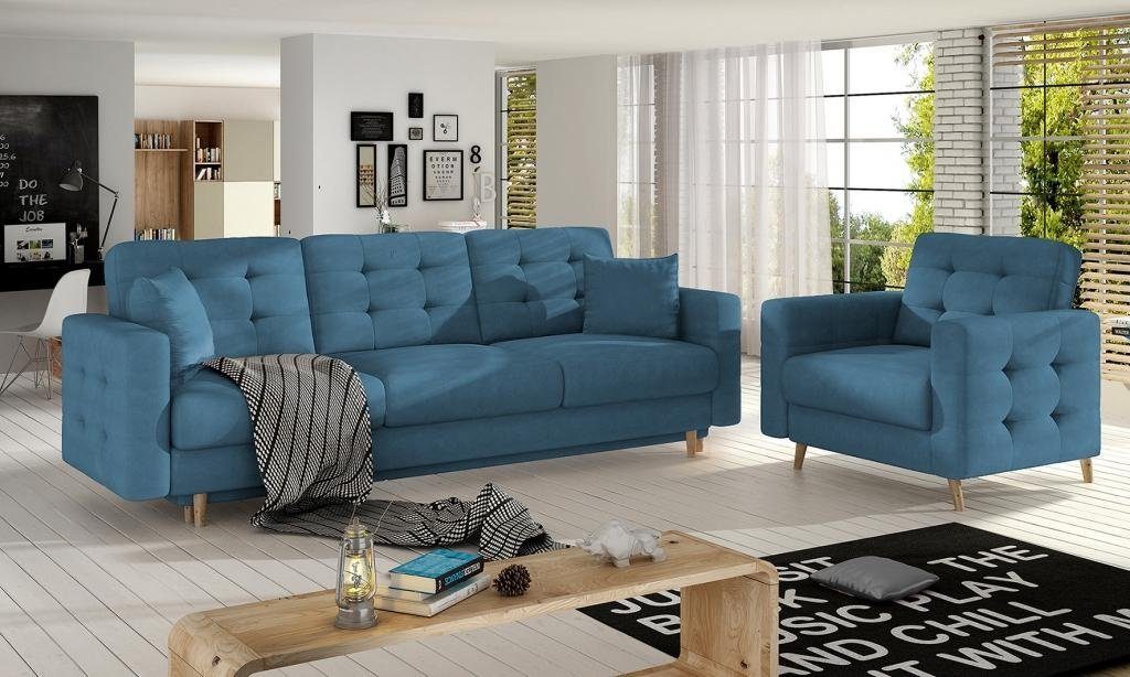 Couchen 3+1 Sofagarnitur Sofas Polster Sitzpolster Blau JVmoebel Wohnzimmer-Set Leder Sofa Sitzer