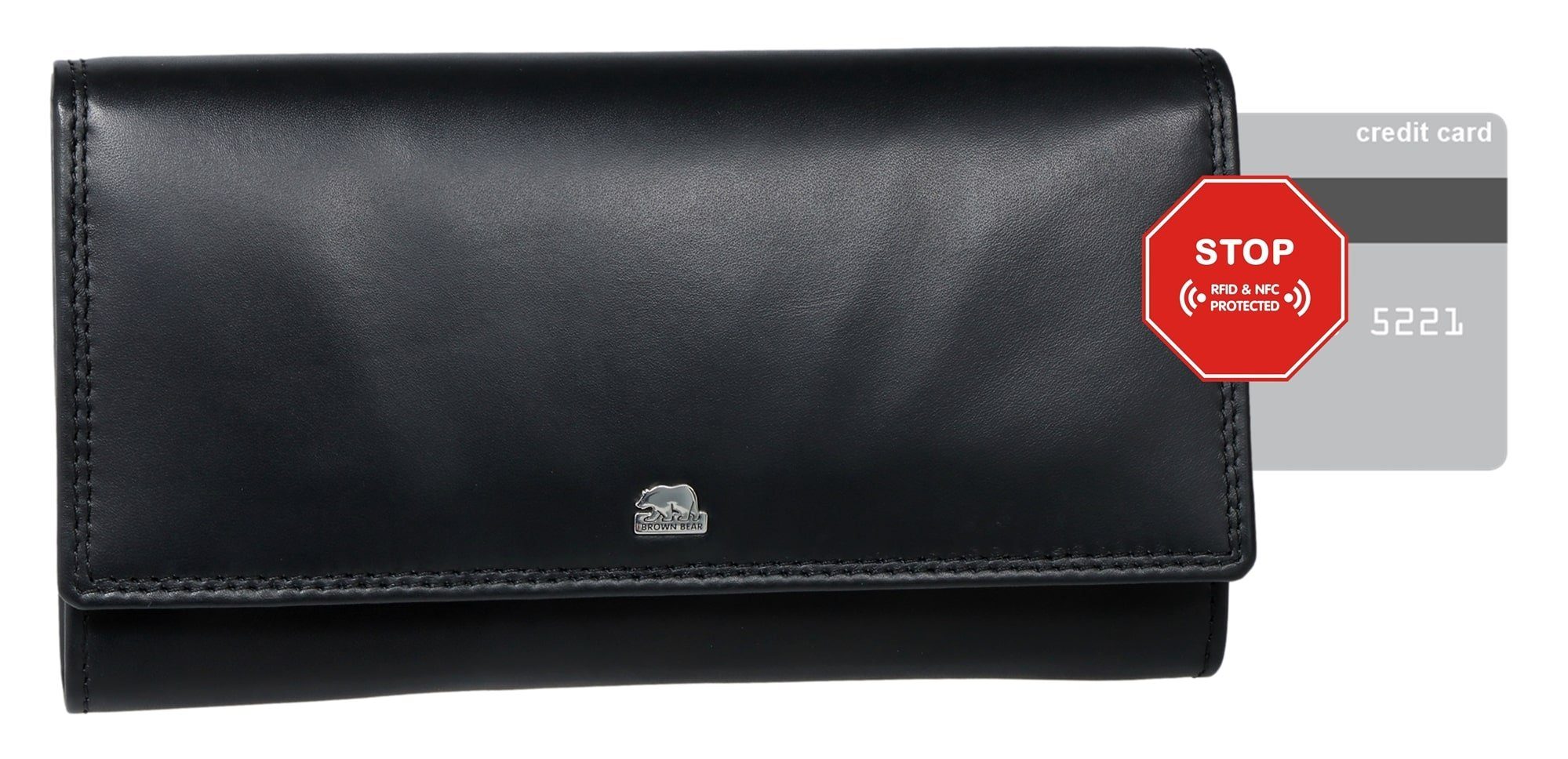 Schwarz Echtleder Portemonnaie Schutz, Damen, aus Nappa mit Metalllogo und Bear Kartenfächern RFID 13 Geldbörse Brown Überschlag - und Farbe für mit