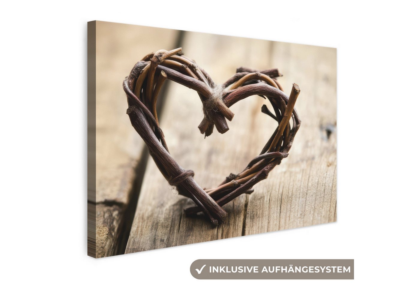 OneMillionCanvasses® Leinwandbild Herz - Holz - Natur - Äste - Braun, Fotodruck (1 St), Leinwand Bilder Klein, Wand Dekoration Aesthetic 30x20 cm