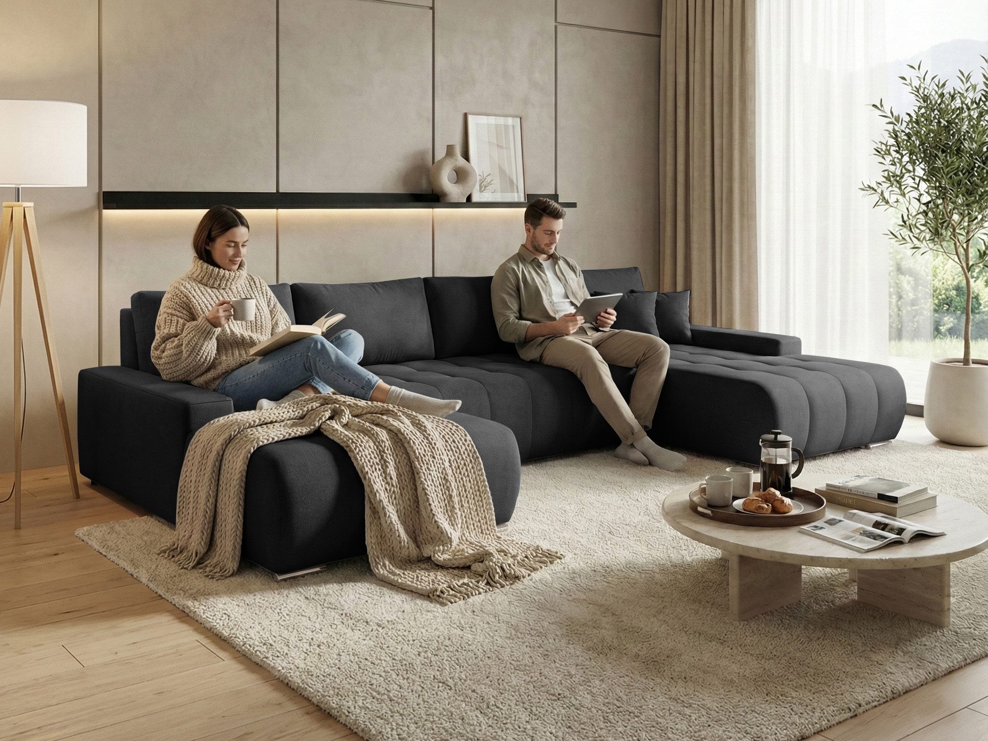 Beautysofa Ecksofa DRACO U mit Schlaffunktion & Bettkasten, U-Form Schlafsofa mit freistehend und DL-Mechanismus, Liegefläche: 140 x 290 cm