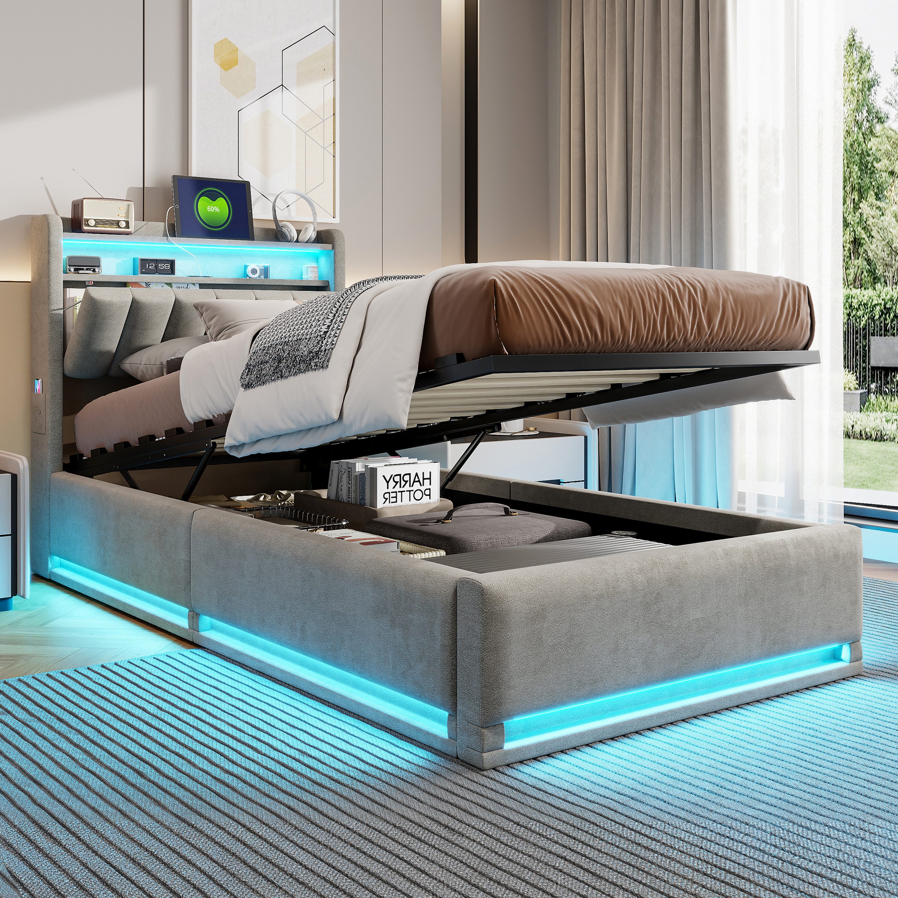 Simurq Polsterbett Samtbett mit Bettkasten 90x200, Einzelbett, Jugendbett, Luxuriöses Samtbett mit Stauraum, Mit Lattenrost, USB Port & LED – Bild 5 von 5
