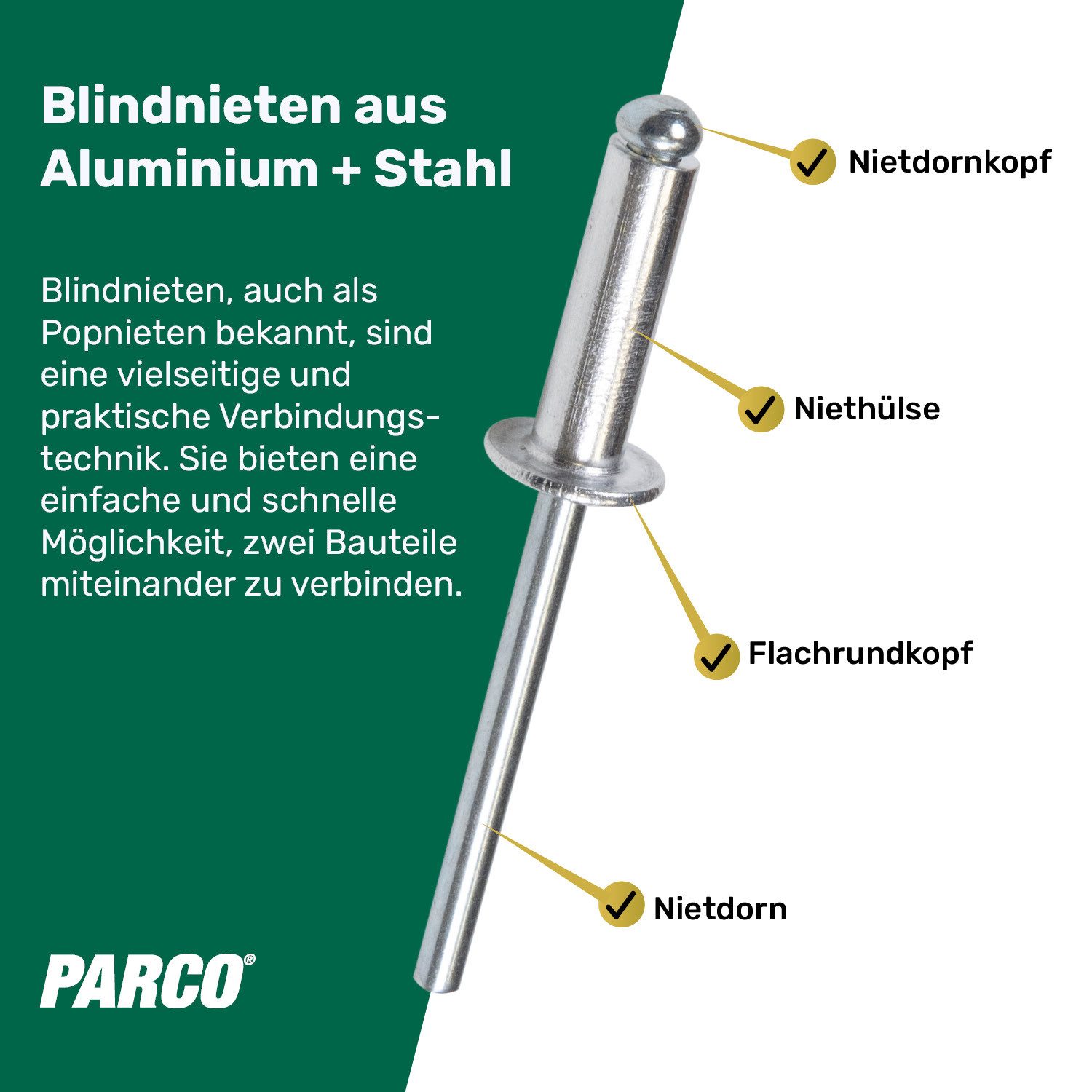PARCO Blindniete PARCO Blindnieten Alu/Stahl 3,2 x 8,0 mm 250 Stück, (3,2 x 8,0 mm, 250 St., Keine Wärmeentwicklung, Einfache Anwendung), Korrosionsbeständig, K – Bild 2 von 4