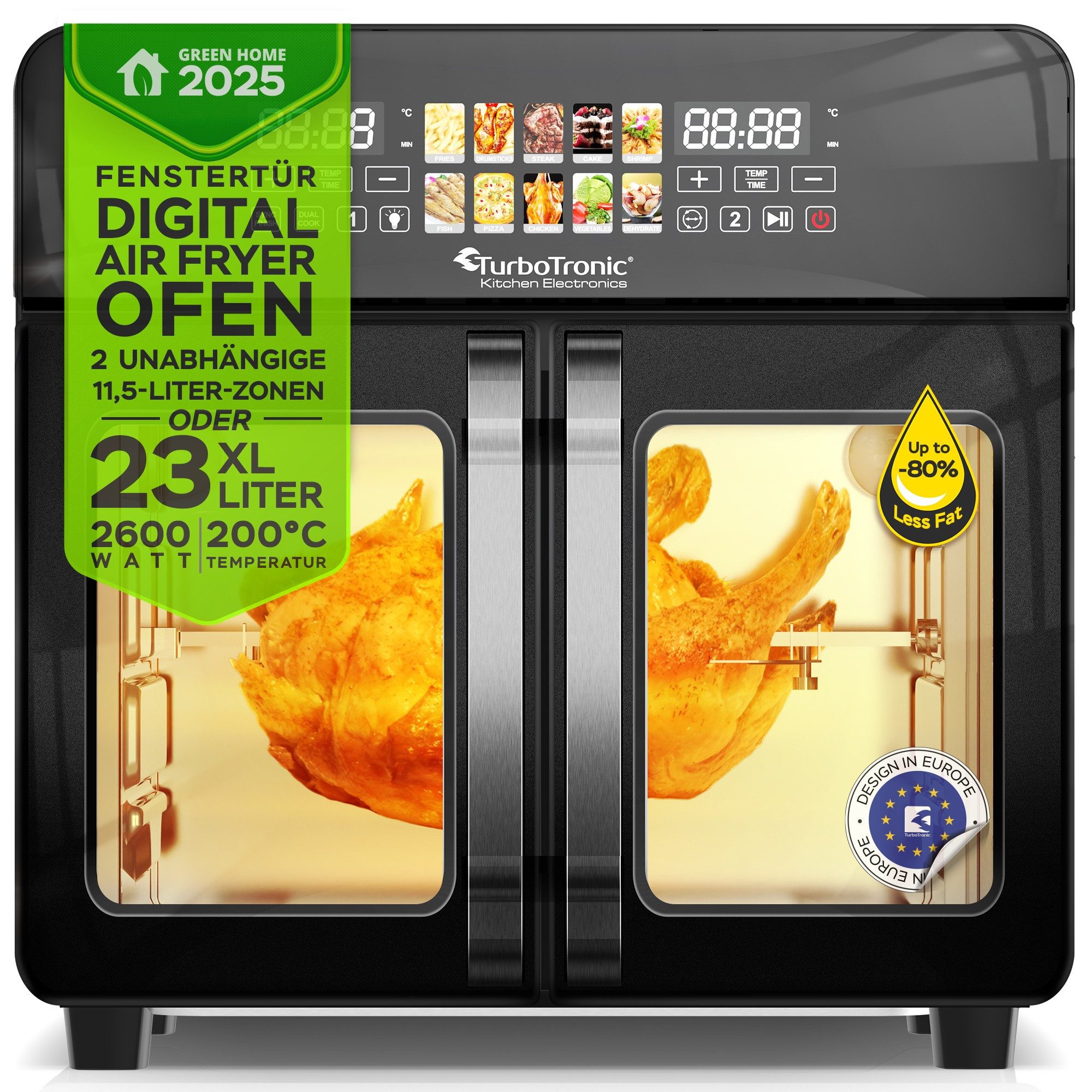 TurboTronic by Z-Line Minibackofen Heißluftofen Heißluftfritteuse 2600W Power 23L, 2x 11,5L 4kg Pommes, TriZone-Funktion Drehspieß Grill Airfryer kleine Tisch Pizzaofen