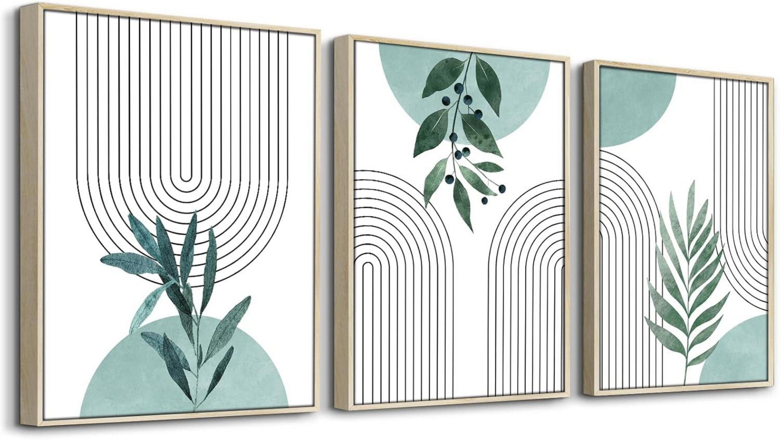 hyidecorart Bild mit Rahmen Salbeigrün Boho Bilder Mit Rahmen Holz Hellgrün Blätter 60x40cm