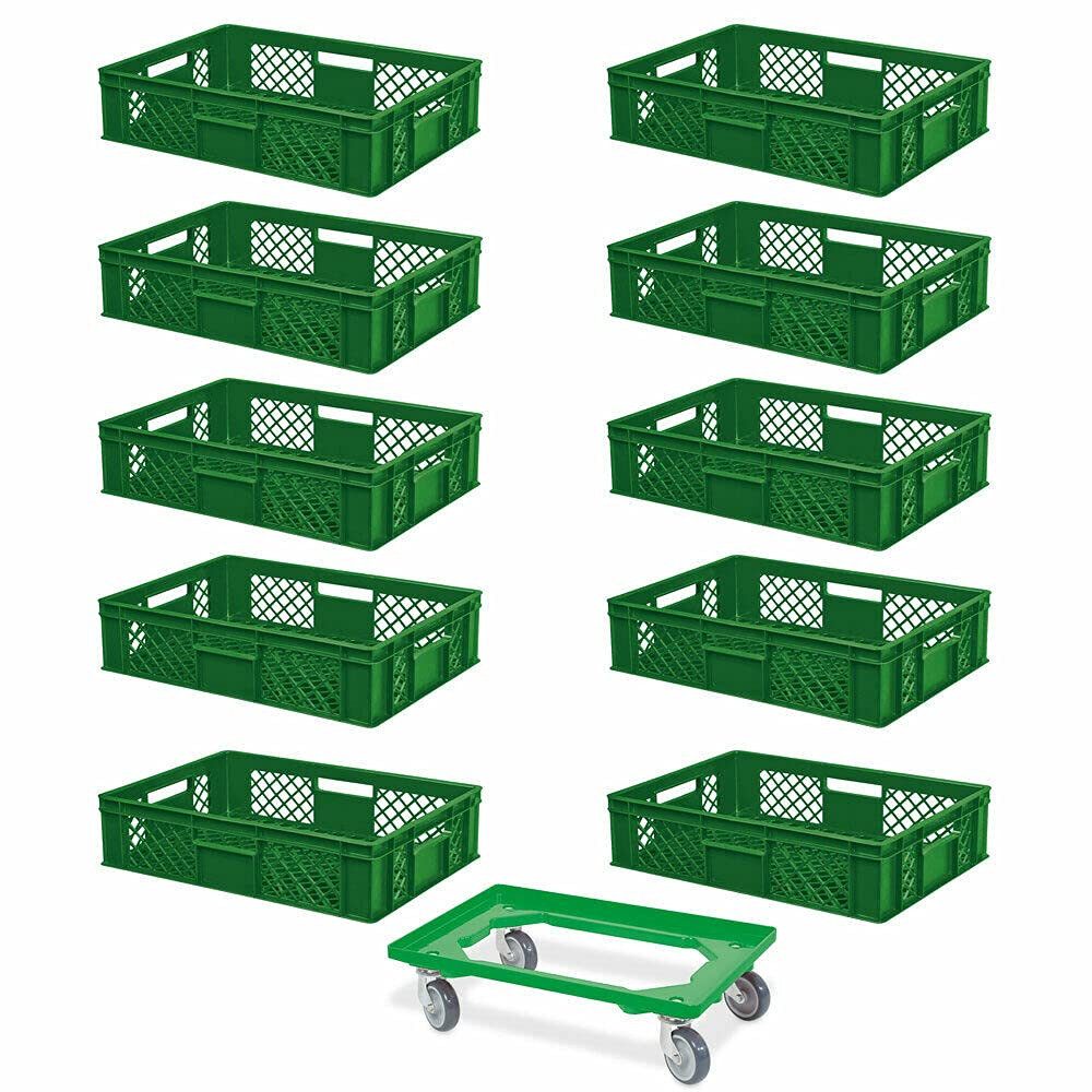BRB-Lagertechnik Stapelbox 10x Eurobehälter/Bäckerkiste, LxBxH 600x400x150 mm + Transportroller, Stoßfest, robust und formstabil