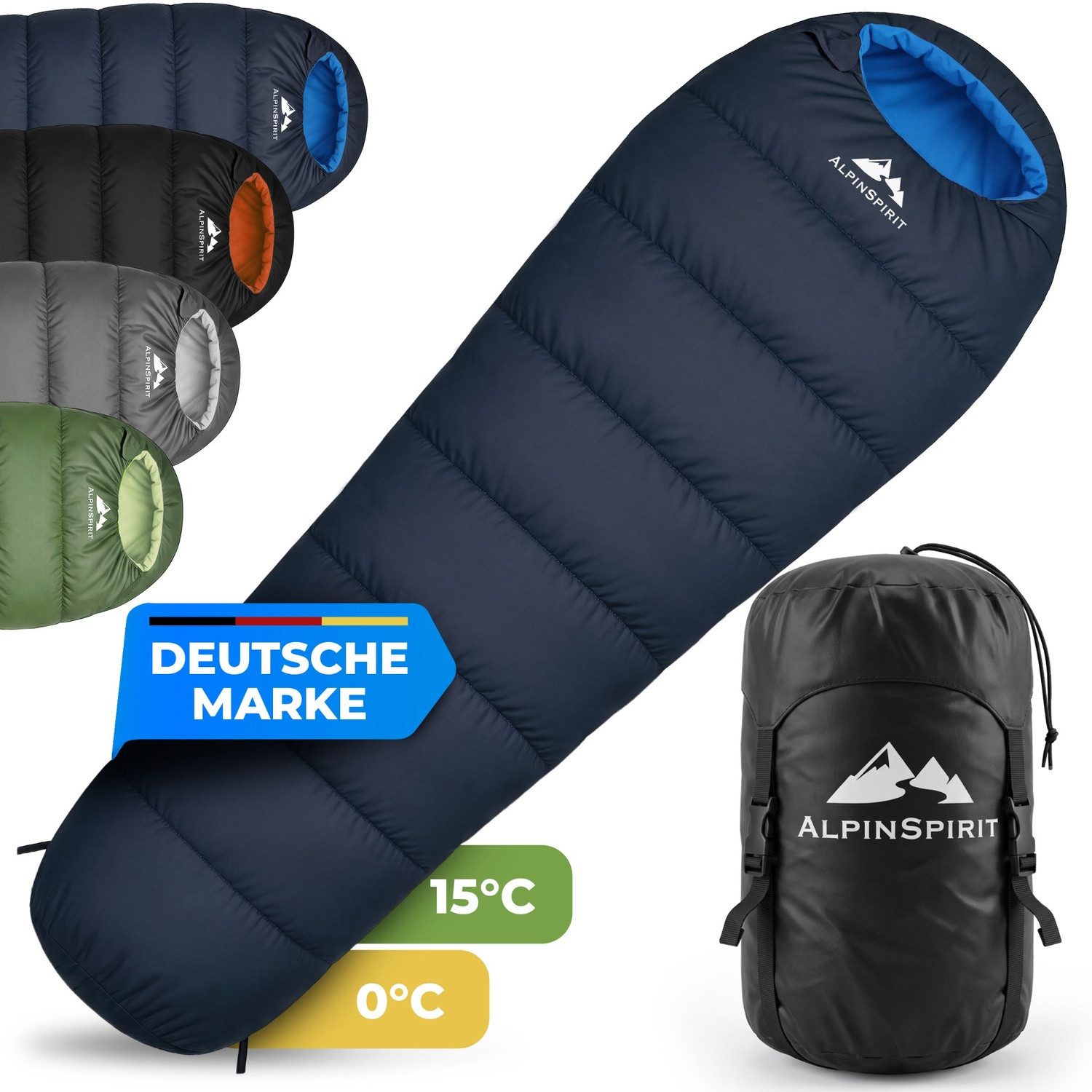 AlpinSpirit Mumienschlafsack [Ultraleicht] 3 Jahreszeiten Sommer & Winter, Packmaß, 210x75 cm (Festival, Trekking, Outdoor, Camping), 2 Wege Reißverschluss, 3 Jahreszeiten, Wasserabweisend