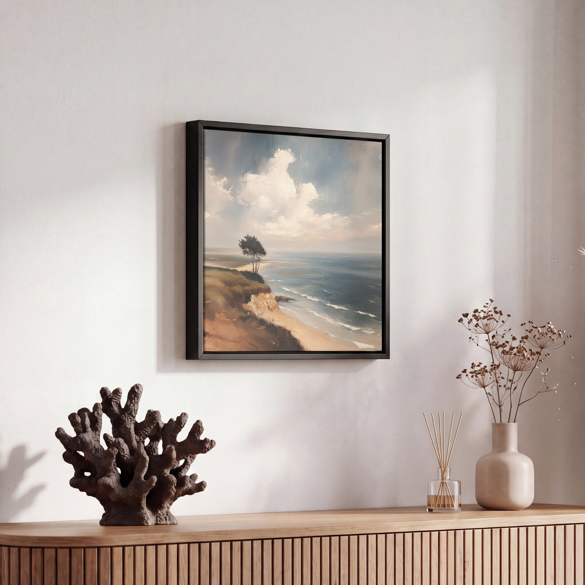 OneMillionCanvasses® Leinwandbild mit Rahmen - Klippe - Meer - Baum, Fotodruck (1 St), Leinwand Bilder Klein, Wand Dekoration Aesthetic 20x20cm – Bild 5 von 5