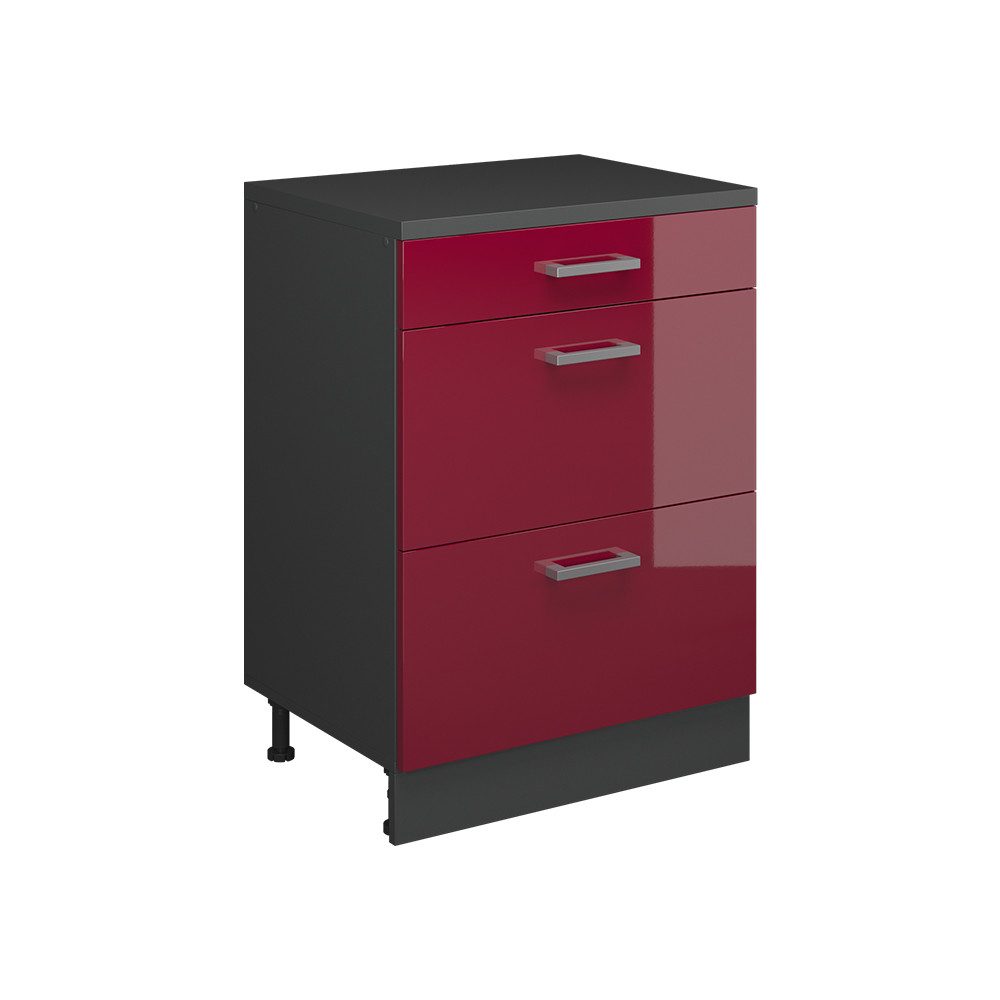 Vicco Unterschrank R-Line, Rot Hochglanz, 60 cm ohne Schräge mit 3 Schubladen